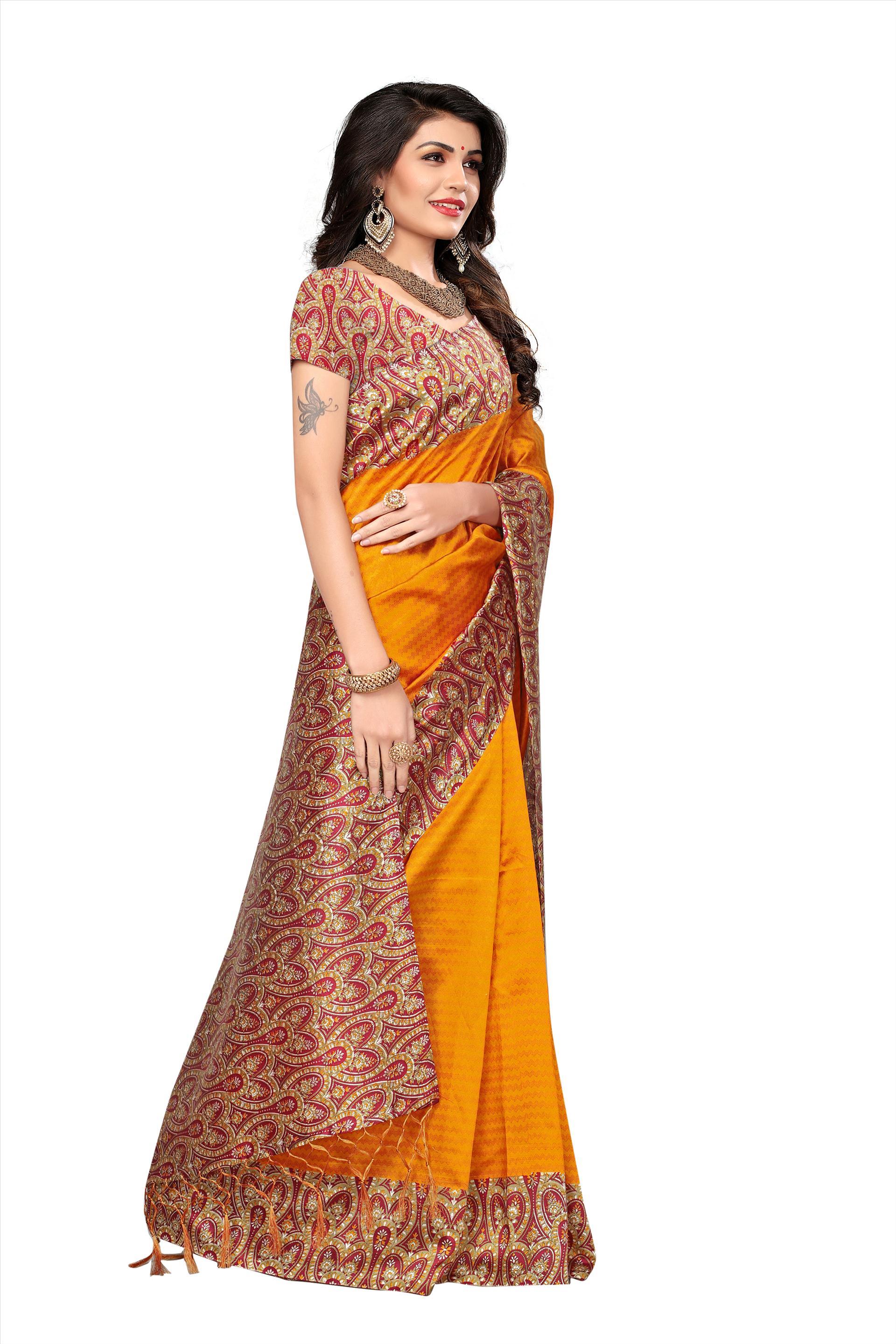 Mysore Silk Designer Saree - 5.5 Mtr Length, 0.8 Mtr Blouse | Art Silk, Printed Pattern, Available In Green, Yellow, Red, Pink, Blue