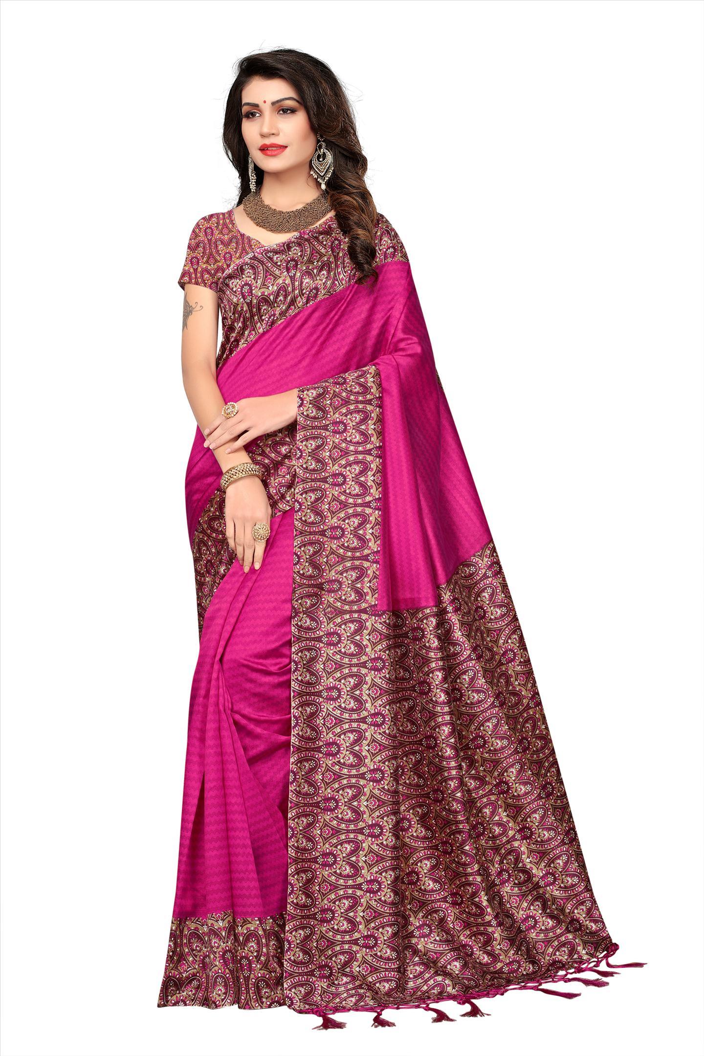 Mysore Silk Designer Saree - 5.5 Mtr Length, 0.8 Mtr Blouse | Art Silk, Printed Pattern, Available In Green, Yellow, Red, Pink, Blue