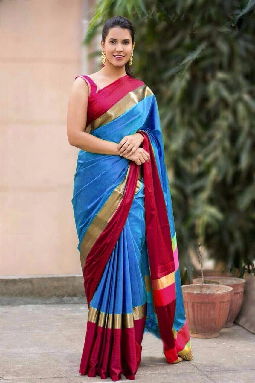 Cotton Silk Designer Saree - Length 5.5 Mtr, Blouse Length 0.8 Mtr | Colors: Orange, Red, Purple, Blue Red, Pattern: Plain