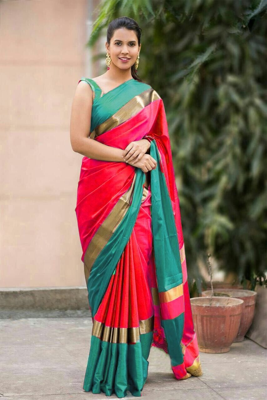 Designer Cotton Saree - Cotton Silk, Length: 5.5 Mtr, Blouse Length: 0.8 Mtr | Colors: Green & Red, Red & Rama, Pattern: Plain