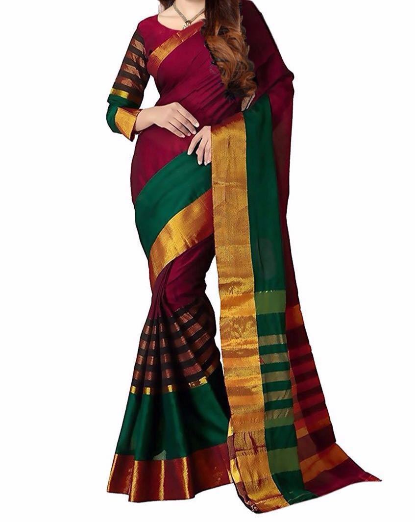 Designer Cotton Saree - Cotton Silk, Length: 5.5 Mtr, Blouse Length: 0.8 Mtr | Colors: Green & Red, Red & Rama, Pattern: Plain