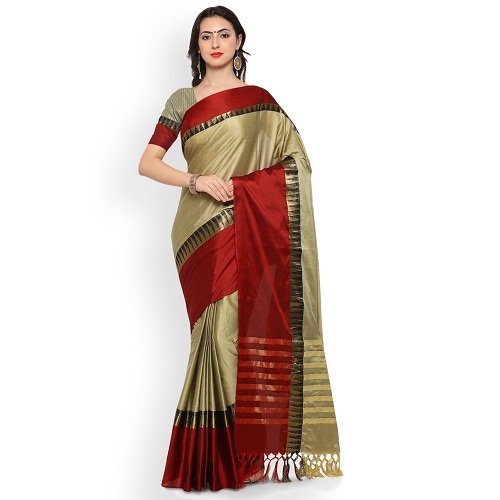 Designer Cotton Saree - Cotton Silk, Length: 5.5 Mtr, Blouse Length: 0.8 Mtr | Colors: Green & Red, Red & Rama, Pattern: Plain