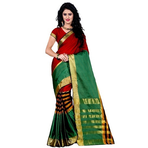 Designer Cotton Saree - Cotton Silk, Length: 5.5 Mtr, Blouse Length: 0.8 Mtr | Colors: Green & Red, Red & Rama, Pattern: Plain