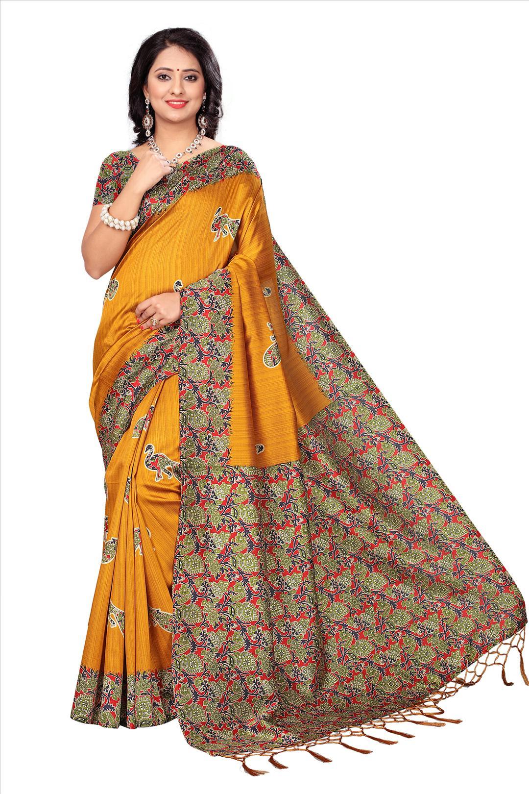Mysore Silk Saree - 5.5 Mtr Length With 0.8 Mtr Blouse | Yellow, Blue, Blue Sky, Red, Green, Art Silk With Printed Pattern, Lace Closure