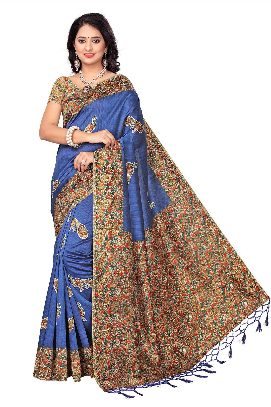 Mysore Silk Saree - 5.5 Mtr Length With 0.8 Mtr Blouse | Yellow, Blue, Blue Sky, Red, Green, Art Silk With Printed Pattern, Lace Closure