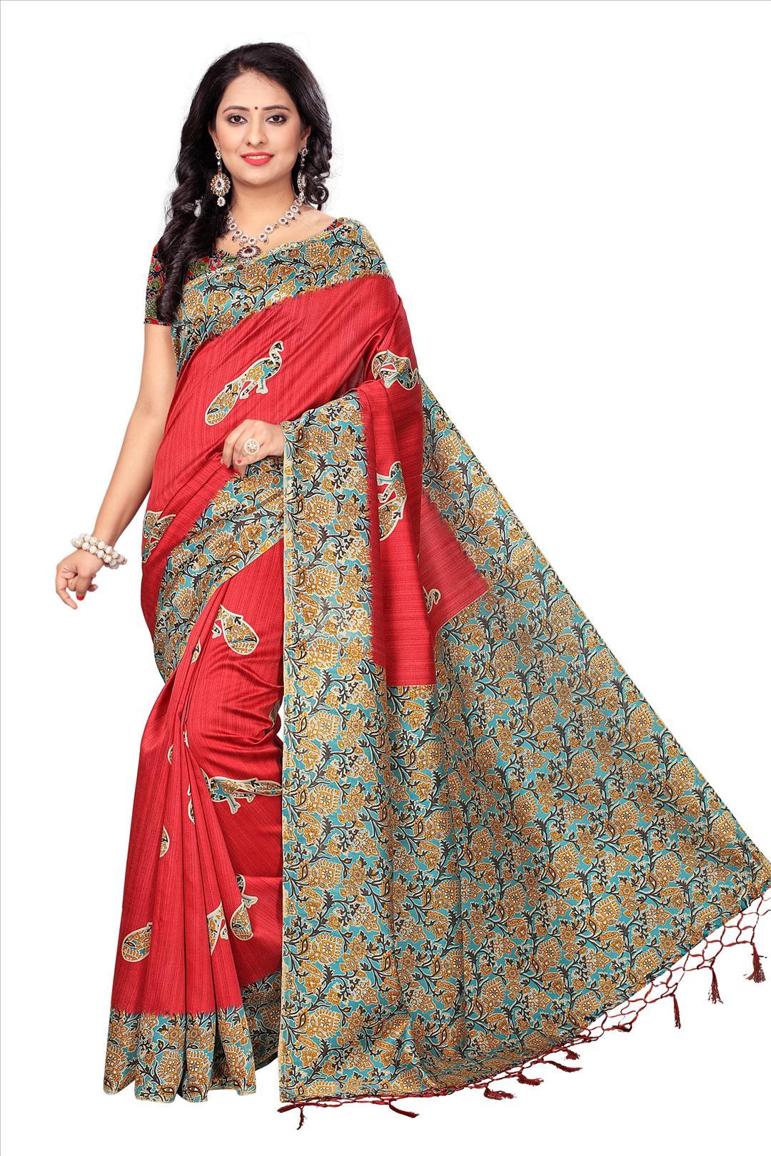 Mysore Silk Saree - 5.5 Mtr Length With 0.8 Mtr Blouse | Yellow, Blue, Blue Sky, Red, Green, Art Silk With Printed Pattern, Lace Closure