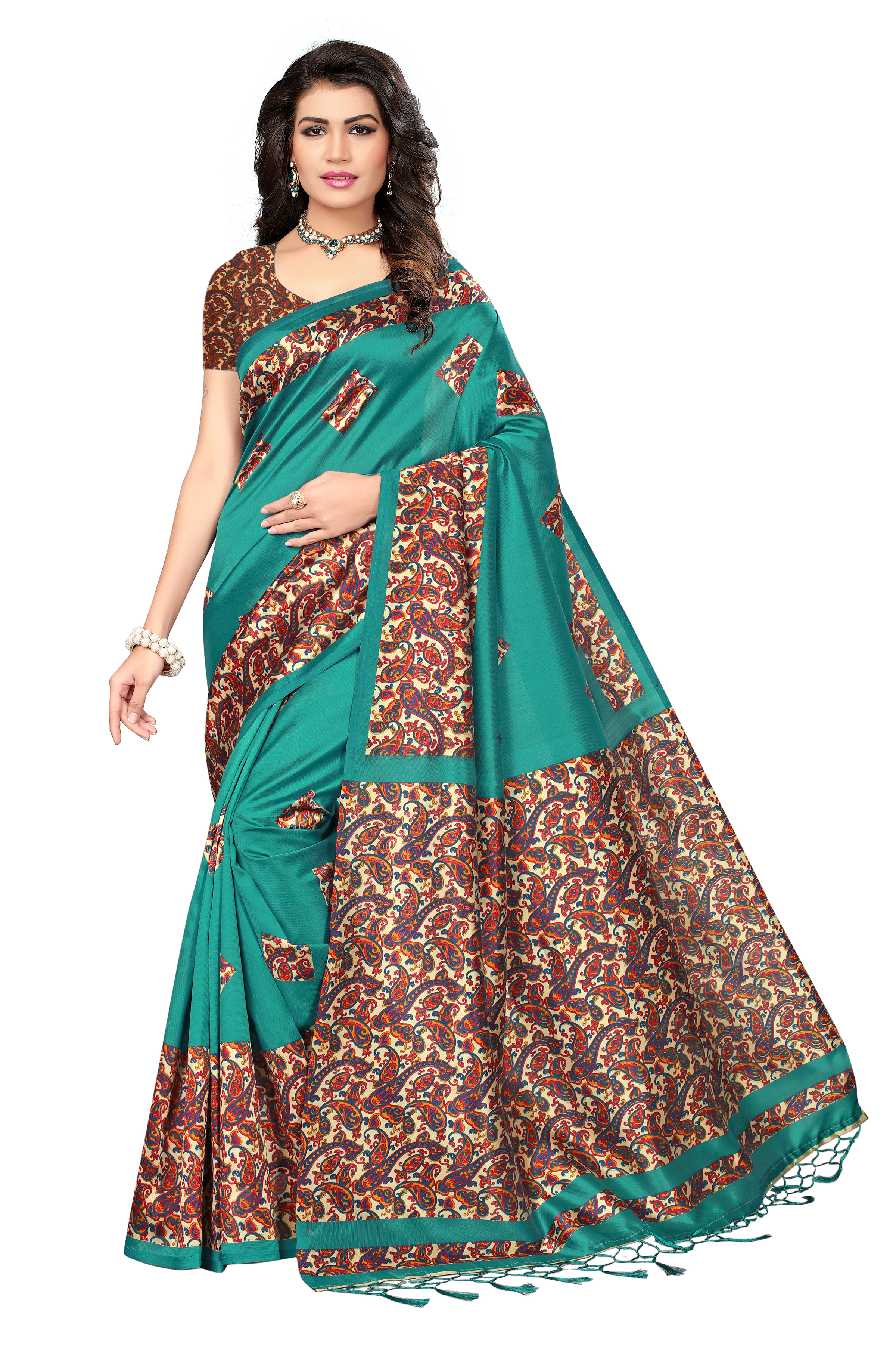 Mysore Silk Saree - 5.5 Mtr Length With 0.8 Mtr Blouse | Yellow, Blue, Blue Sky, Red, Green, Art Silk With Printed Pattern, Lace Closure