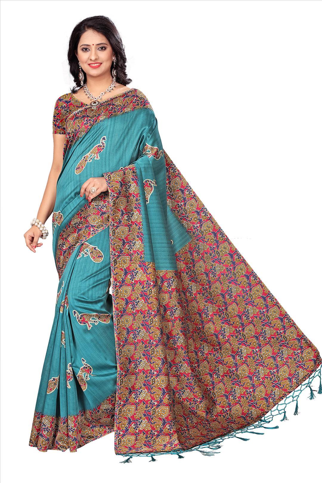 Mysore Silk Saree - 5.5 Mtr Length With 0.8 Mtr Blouse | Yellow, Blue, Blue Sky, Red, Green, Art Silk With Printed Pattern, Lace Closure