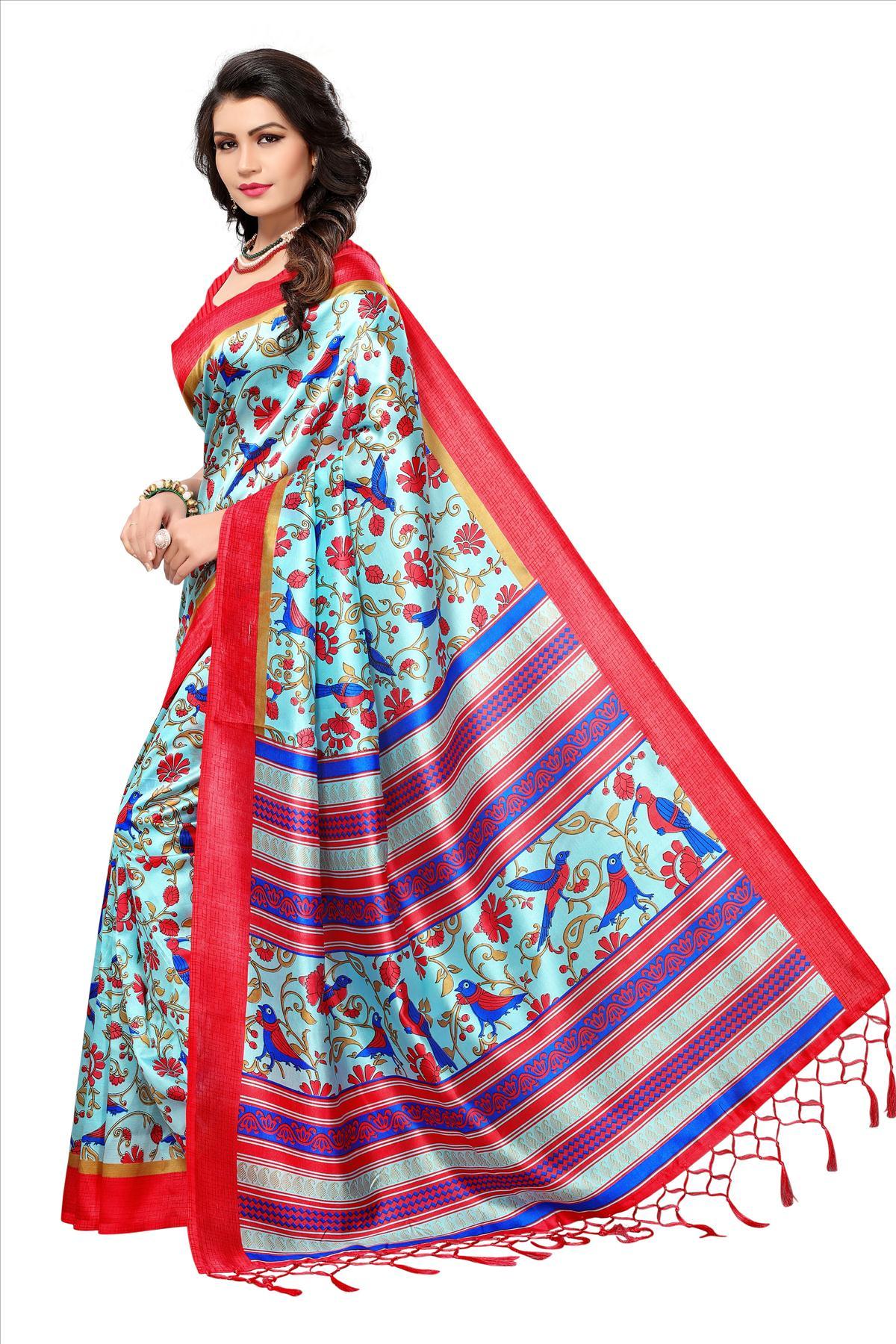 Mysore Silk Saree - 5.5 Mtr Length, 0.8 Mtr Blouse | Art Silk, Printed Pattern, Red, Yellow, Brown, Orange, Green