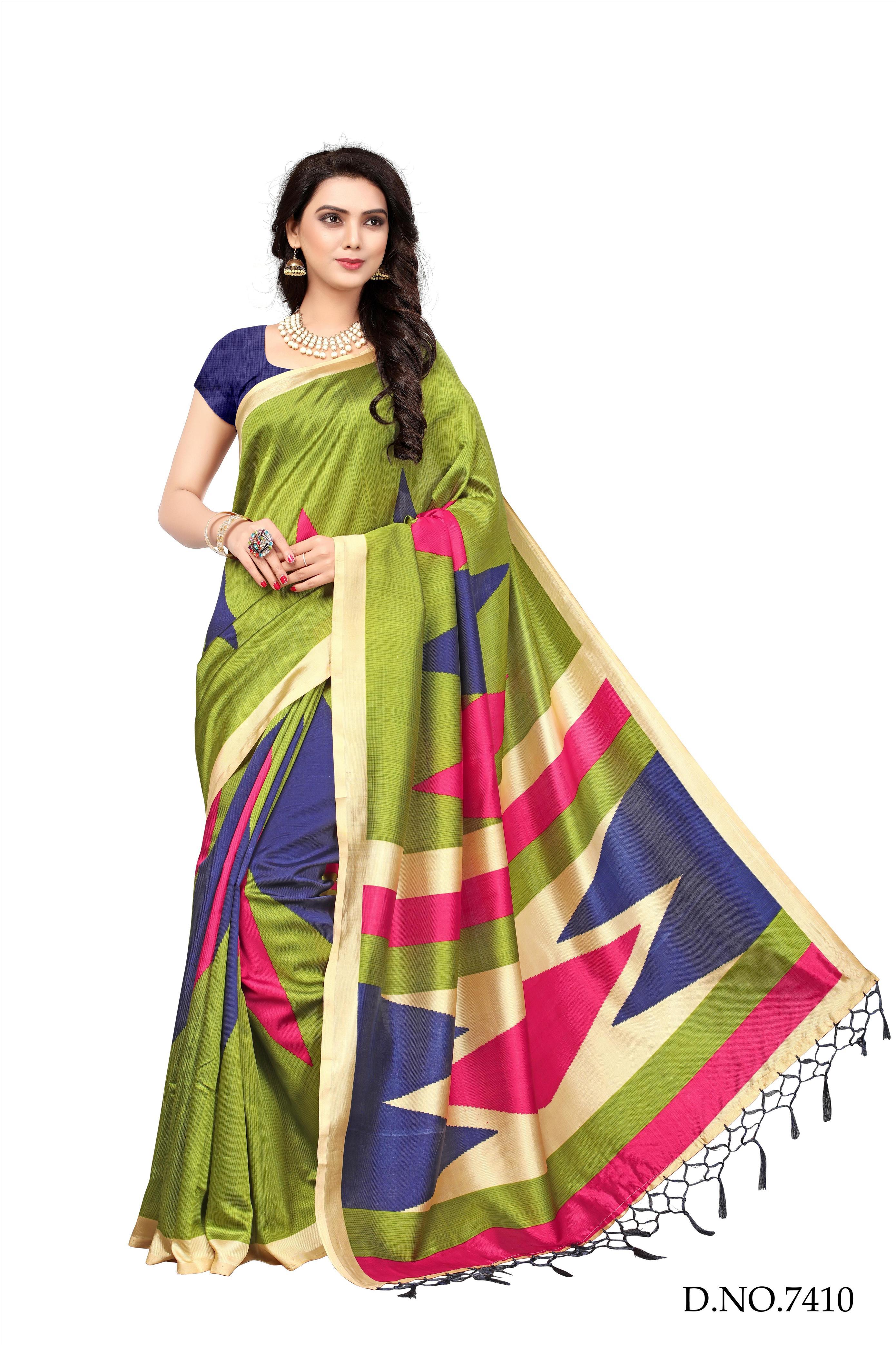 Mysore Silk Saree - 5.5 Mtr Length, 0.8 Mtr Blouse | Art Silk, Printed Pattern, Red, Yellow, Brown, Orange, Green