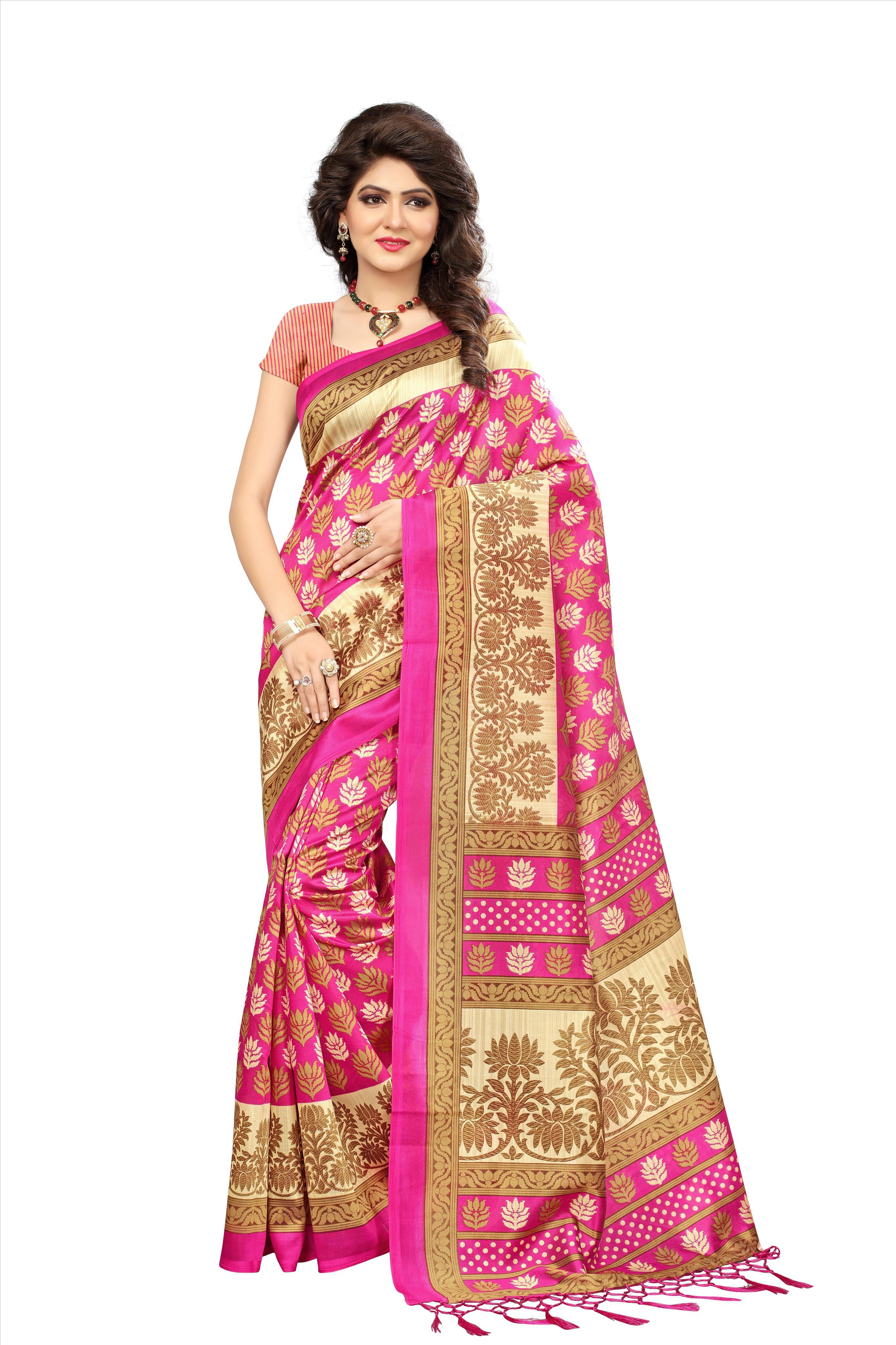 Mysore Silk Saree - 5.5 Mtr Length, 0.8 Mtr Blouse | Art Silk, Printed Pattern, Red, Yellow, Brown, Orange, Green