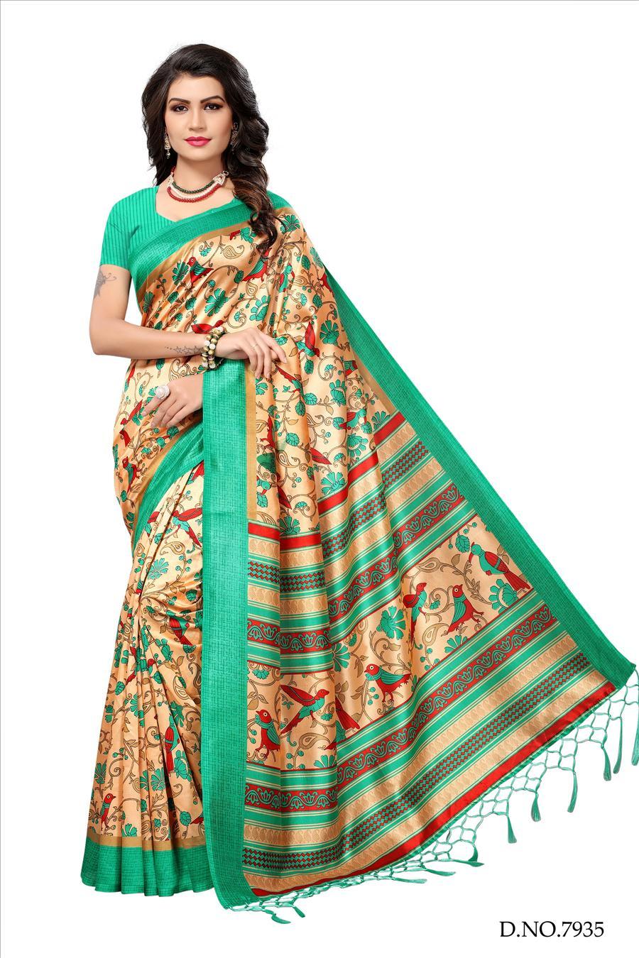 Mysore Silk Saree - 5.5 Mtr Length, 0.8 Mtr Blouse | Art Silk, Printed Pattern, Red, Yellow, Brown, Orange, Green