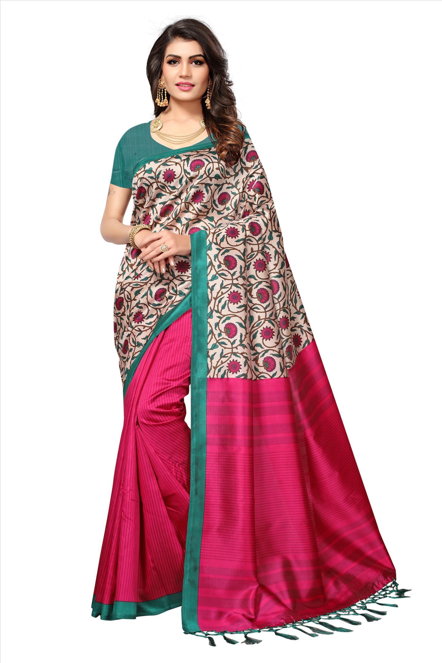 Mysore Print Saree - Art Silk, 5.5 Mtr Length, 0.8 Mtr Blouse | Black, Pink, Red, Brown Colors, Laces Closure, Printed Pattern