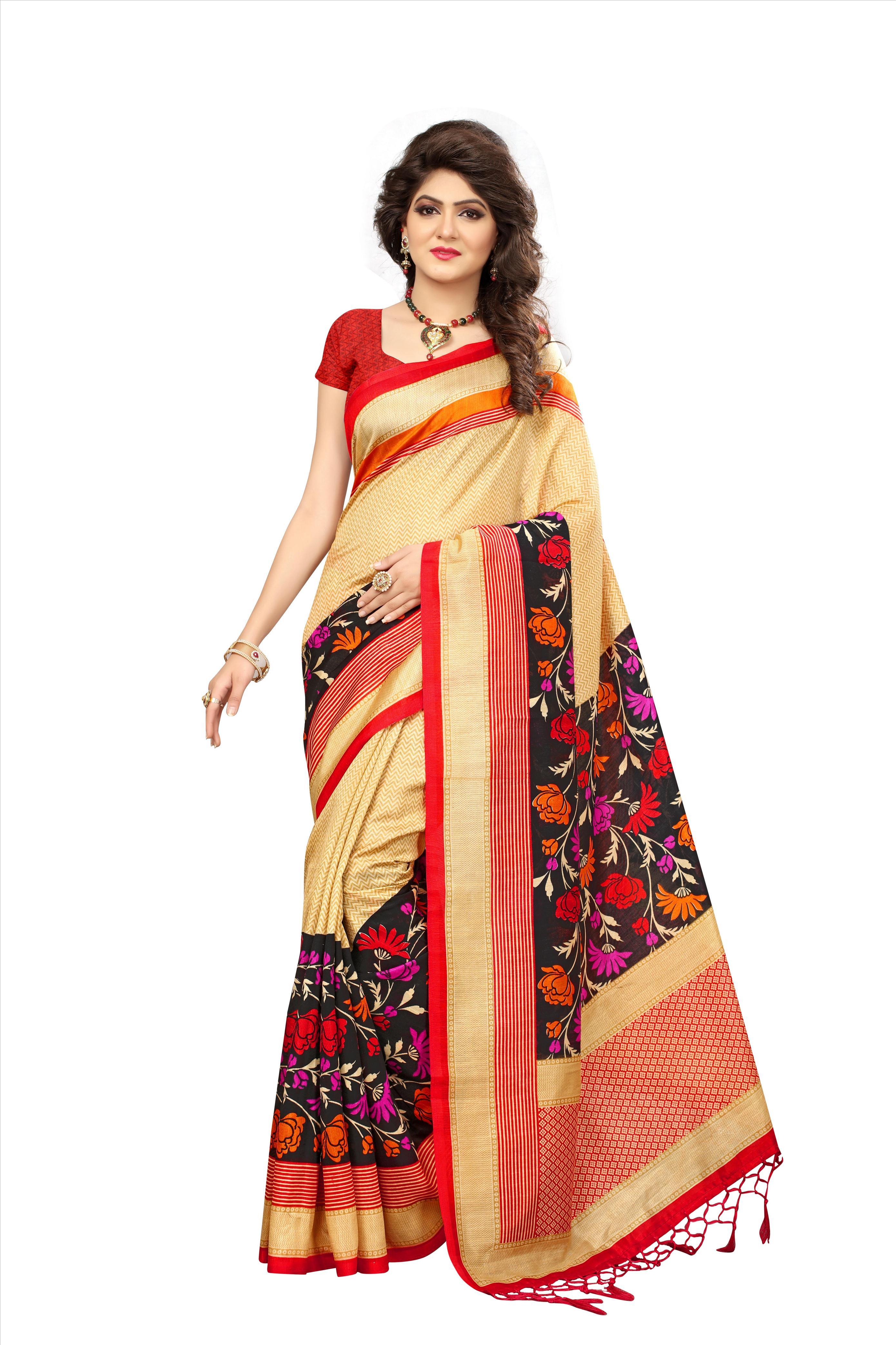 Mysore Print Saree - Art Silk, 5.5 Mtr Length, 0.8 Mtr Blouse | Black, Pink, Red, Brown Colors, Laces Closure, Printed Pattern