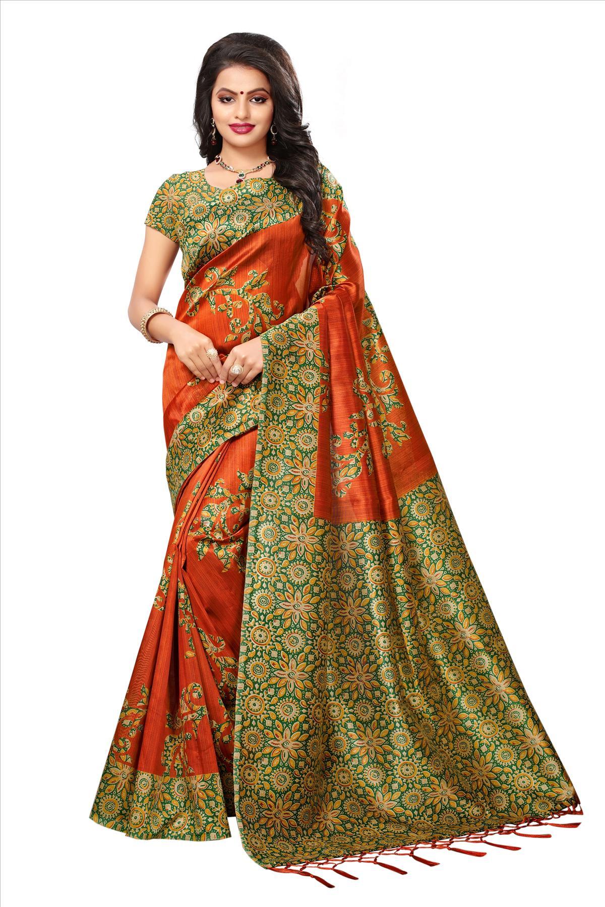 Mysore Print Saree - Art Silk, 5.5 Mtr Length, 0.8 Mtr Blouse | Black, Pink, Red, Brown Colors, Laces Closure, Printed Pattern