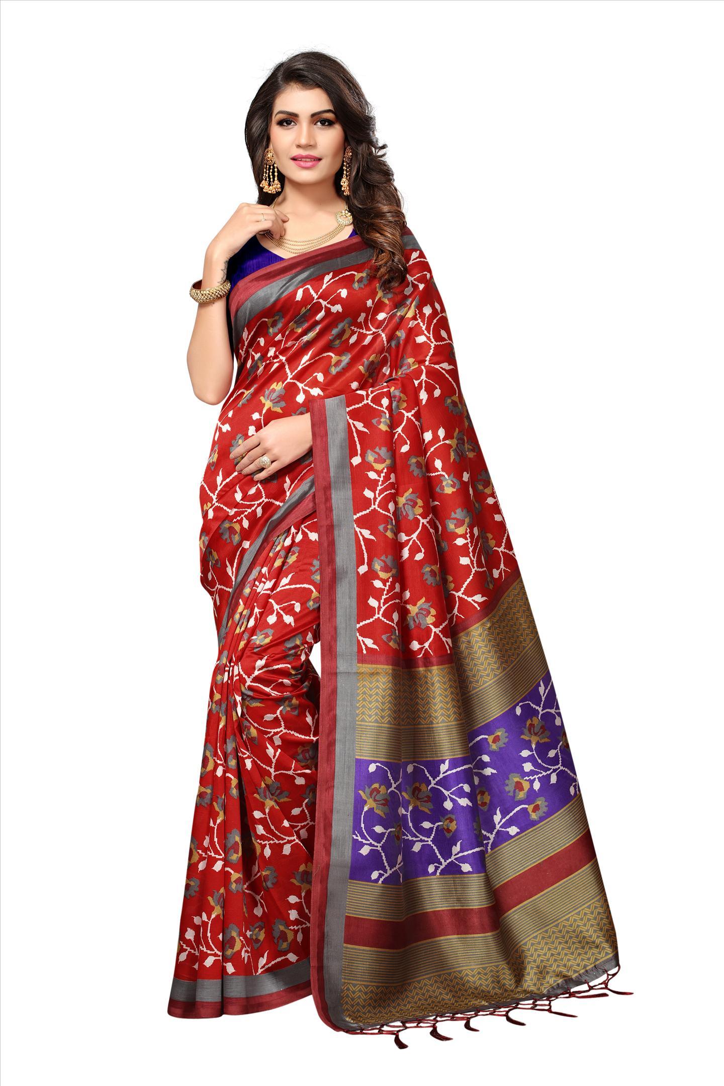 Mysore Print Saree - Art Silk, 5.5 Mtr Length, 0.8 Mtr Blouse | Black, Pink, Red, Brown Colors, Laces Closure, Printed Pattern