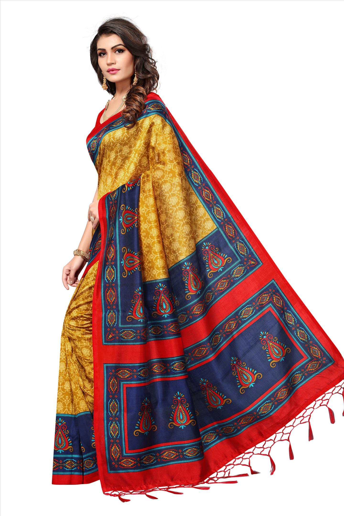 Mysore Silk Saree - 5.5 Mtr Length, 0.8 Mtr Blouse | Art Silk Fabric, Printed Pattern, Rich Color Palette: Red, Yellow, Brown, Orange, Green