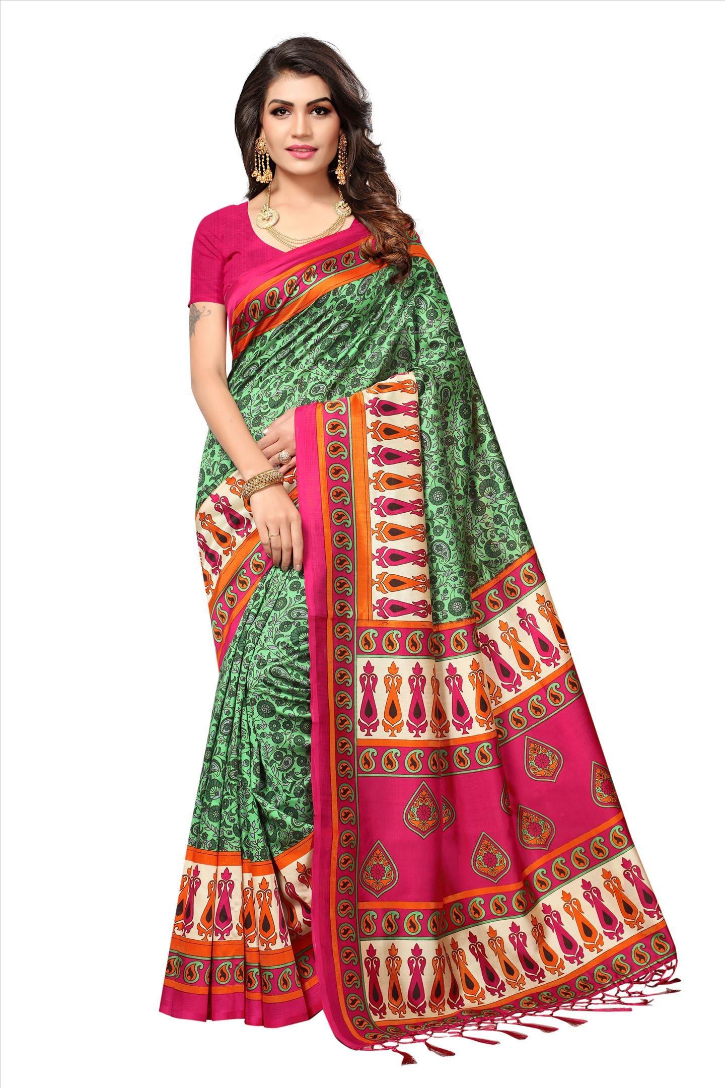 Mysore Silk Saree - 5.5 Mtr Length, 0.8 Mtr Blouse | Art Silk Fabric, Printed Pattern, Rich Color Palette: Red, Yellow, Brown, Orange, Green
