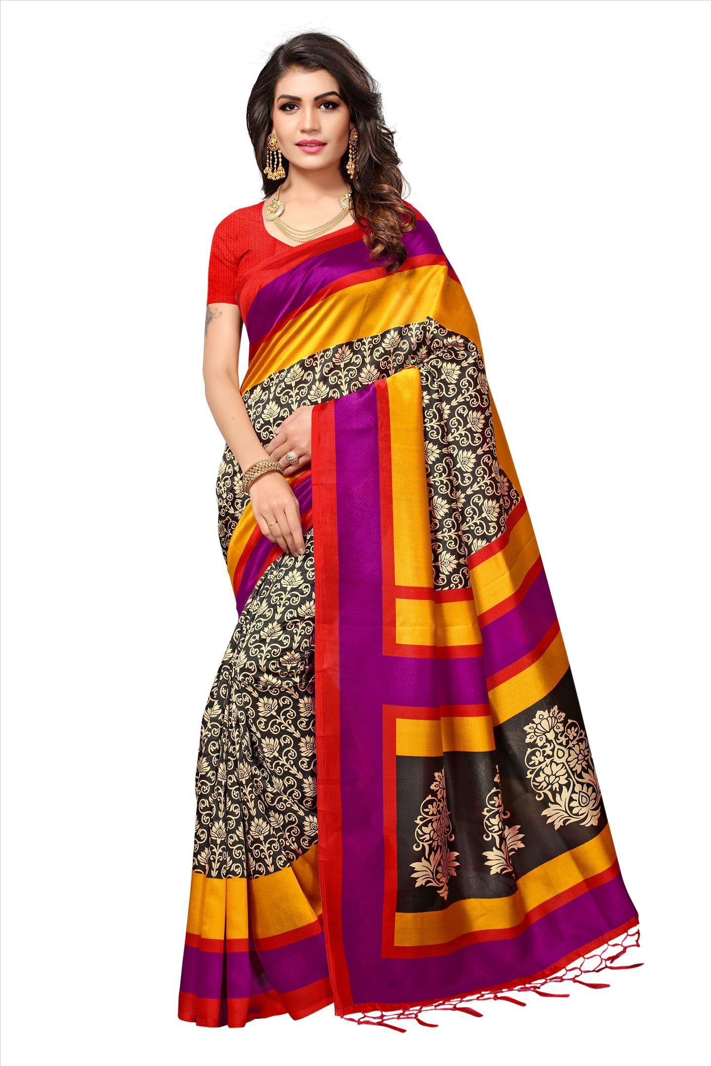 Mysore Silk Saree - 5.5 Mtr Length, 0.8 Mtr Blouse | Art Silk Fabric, Printed Pattern, Rich Color Palette: Red, Yellow, Brown, Orange, Green
