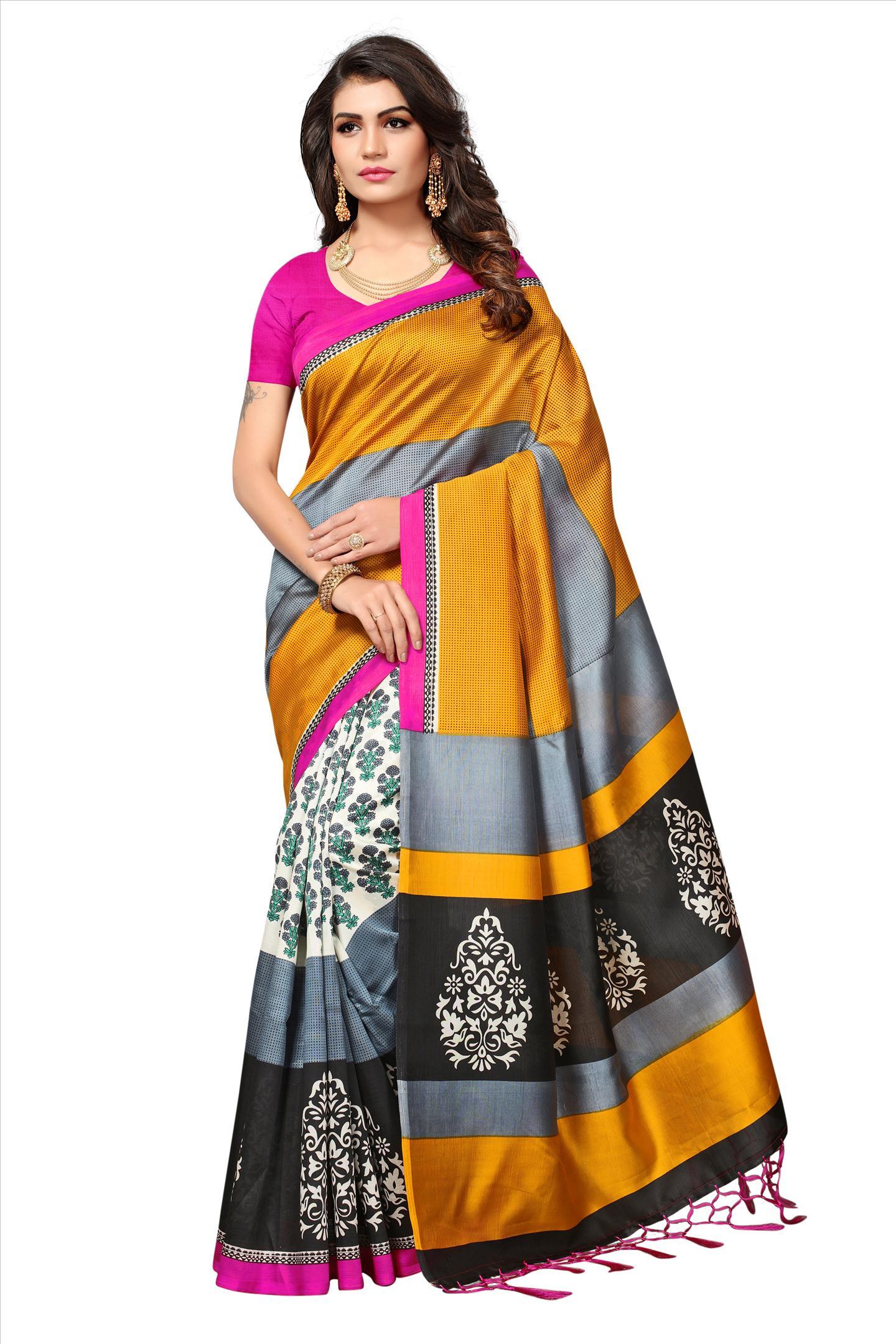 Mysore Silk Saree - 5.5 Mtr Length, 0.8 Mtr Blouse | Art Silk Fabric, Printed Pattern, Rich Color Palette: Red, Yellow, Brown, Orange, Green