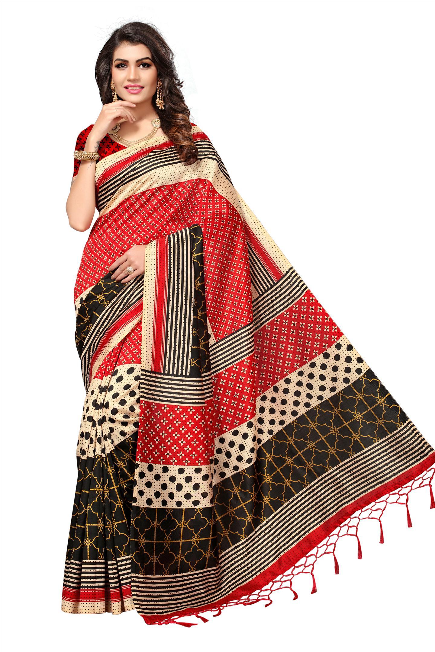 Mysore Silk Saree - 5.5 Mtr Length, 0.8 Mtr Blouse | Art Silk Fabric, Printed Pattern, Rich Color Palette: Red, Yellow, Brown, Orange, Green