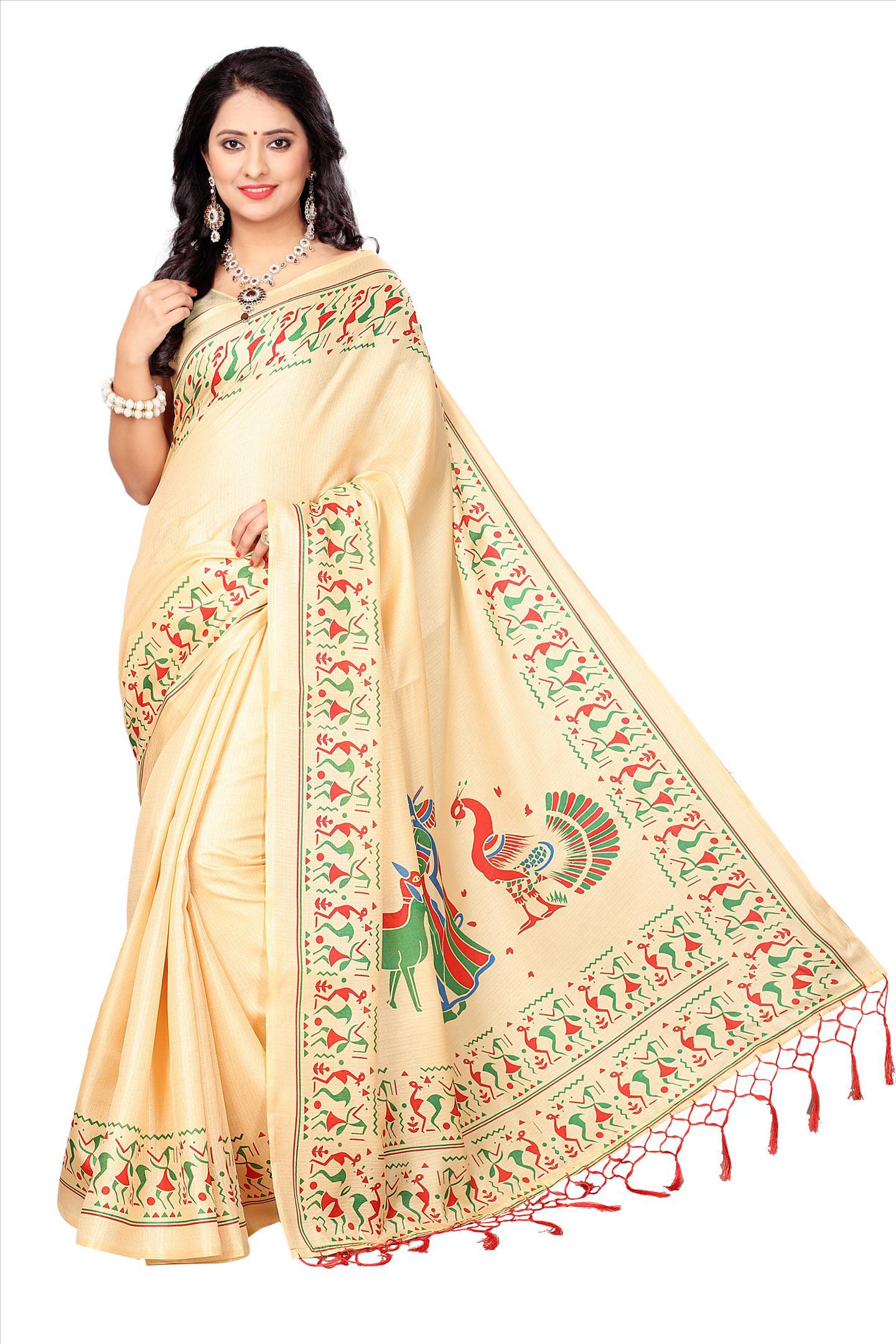 Silk Saree With Fancy Designs - Khadi Silk, 5.5 Mtr Length, Red Green Blue White, Printed Pattern, Lace Closure | Silk With Tassels, Blouse 0.8 Mtr