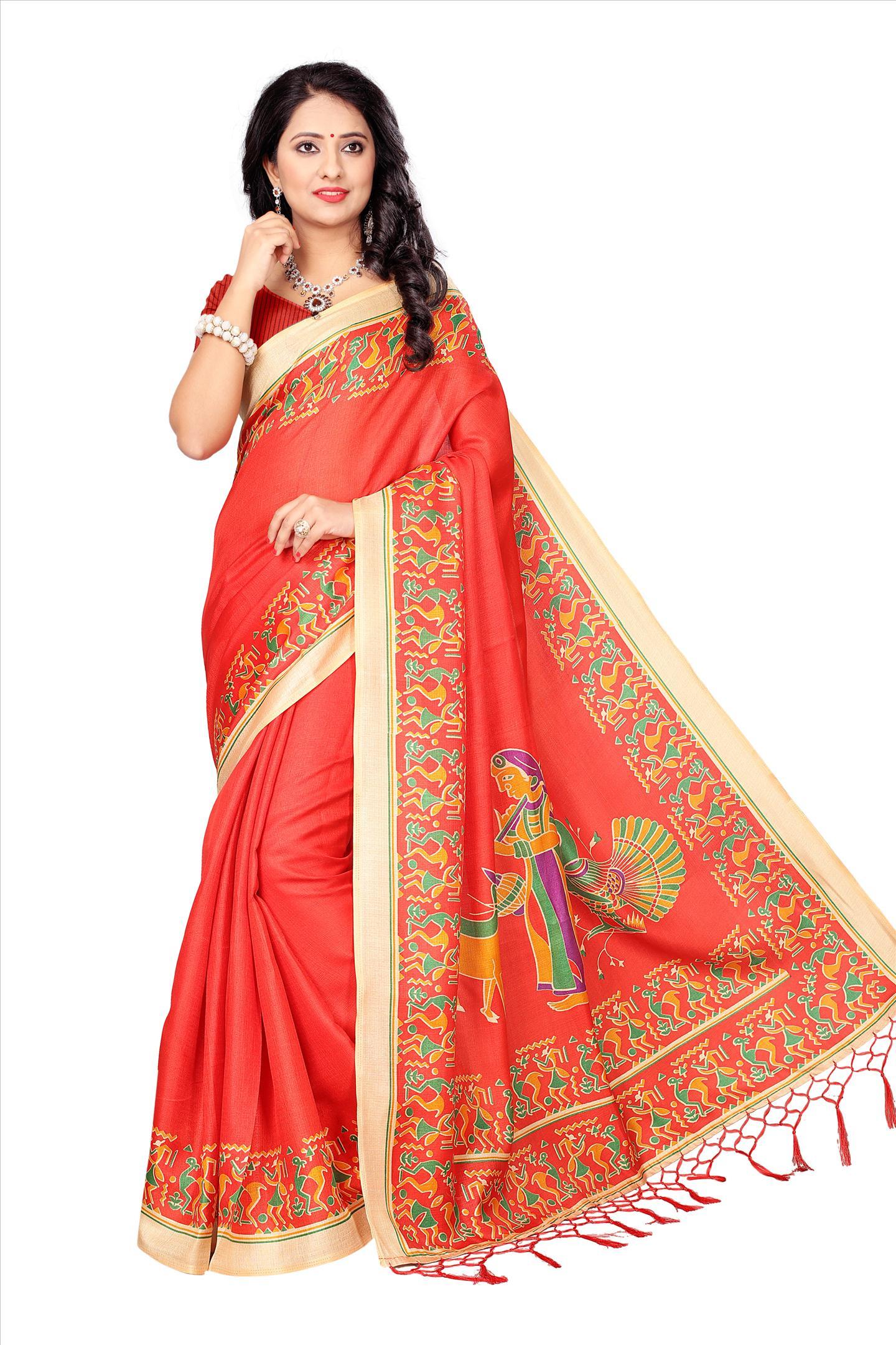 Silk Saree With Fancy Designs - Khadi Silk, 5.5 Mtr Length, Red Green Blue White, Printed Pattern, Lace Closure | Silk With Tassels, Blouse 0.8 Mtr