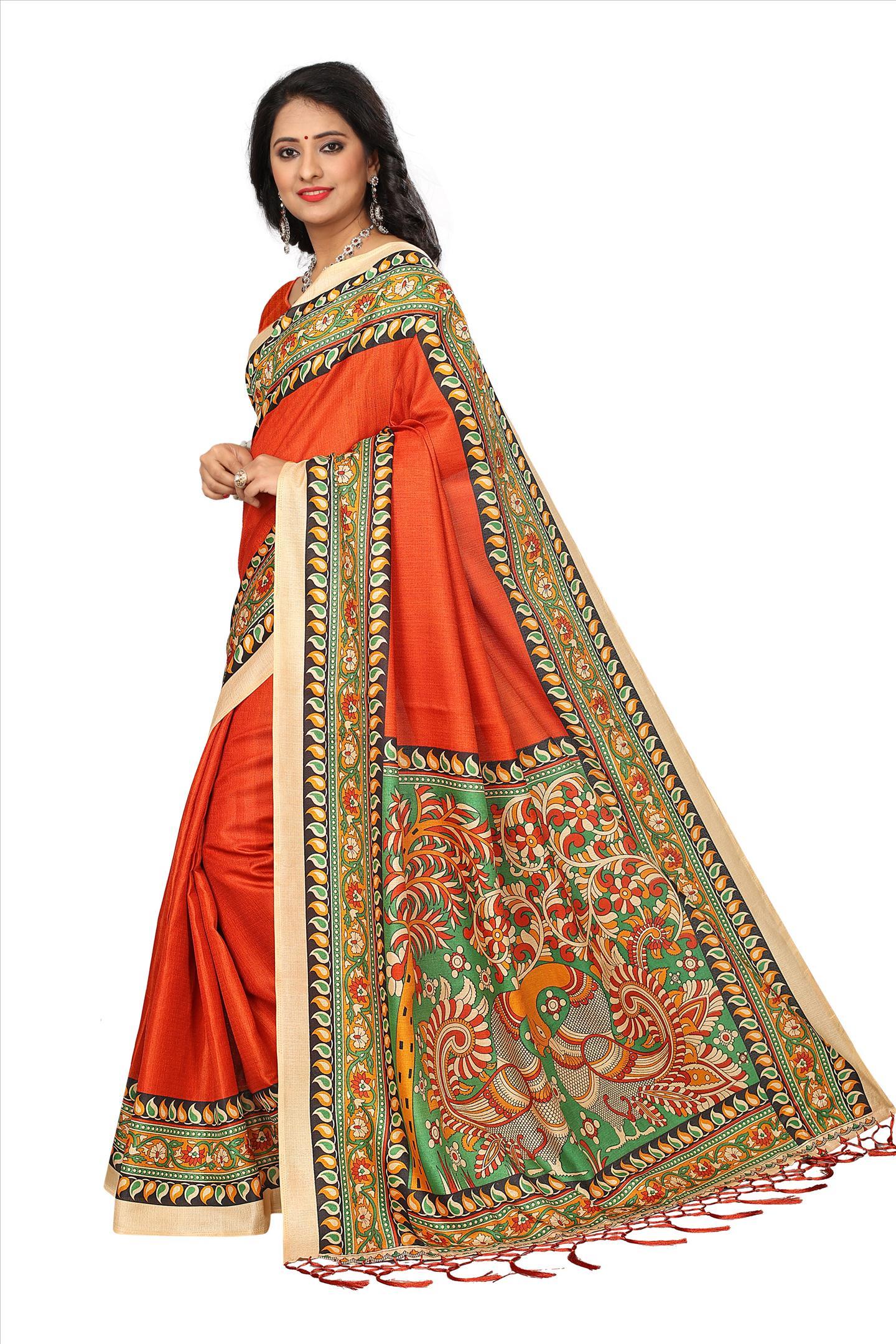 Silk Saree With Fancy Designs - Khadi Silk, 5.5 Mtr Length, Red Green Blue White, Printed Pattern, Lace Closure | Silk With Tassels, Blouse 0.8 Mtr