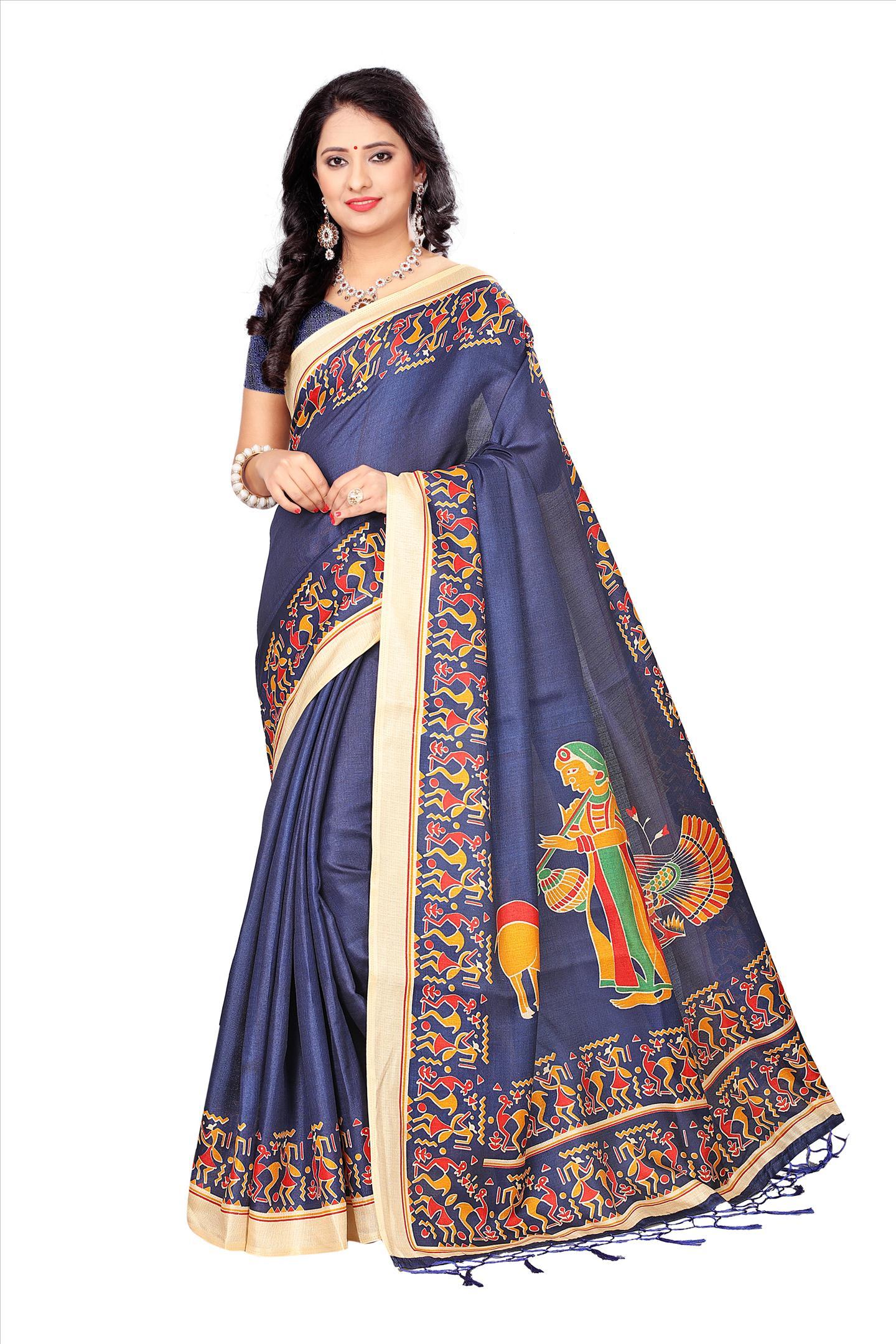Silk Saree With Fancy Designs - Khadi Silk, 5.5 Mtr Length, Red Green Blue White, Printed Pattern, Lace Closure | Silk With Tassels, Blouse 0.8 Mtr