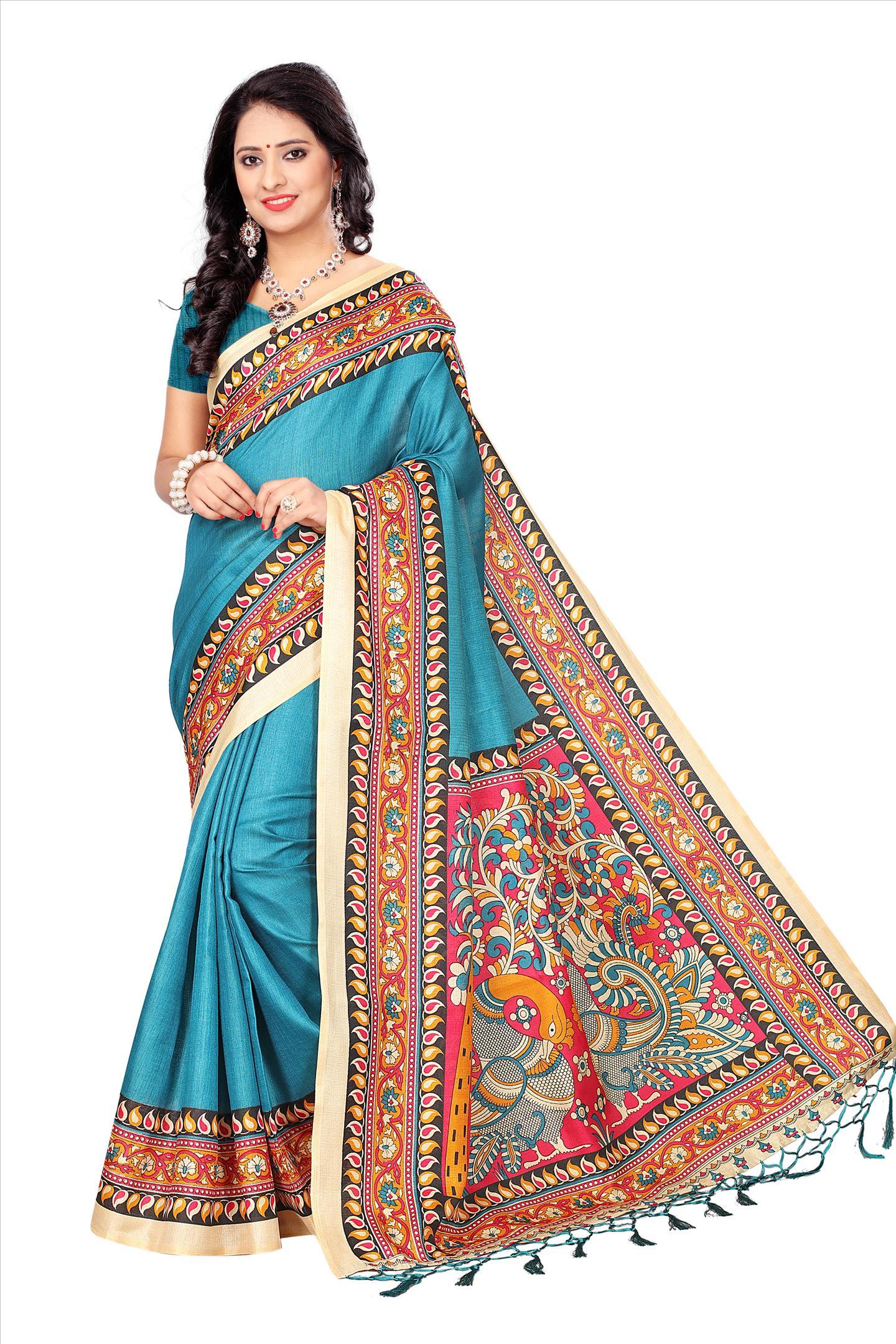 Silk Saree With Fancy Designs - Khadi Silk, 5.5 Mtr Length, Red Green Blue White, Printed Pattern, Lace Closure | Silk With Tassels, Blouse 0.8 Mtr