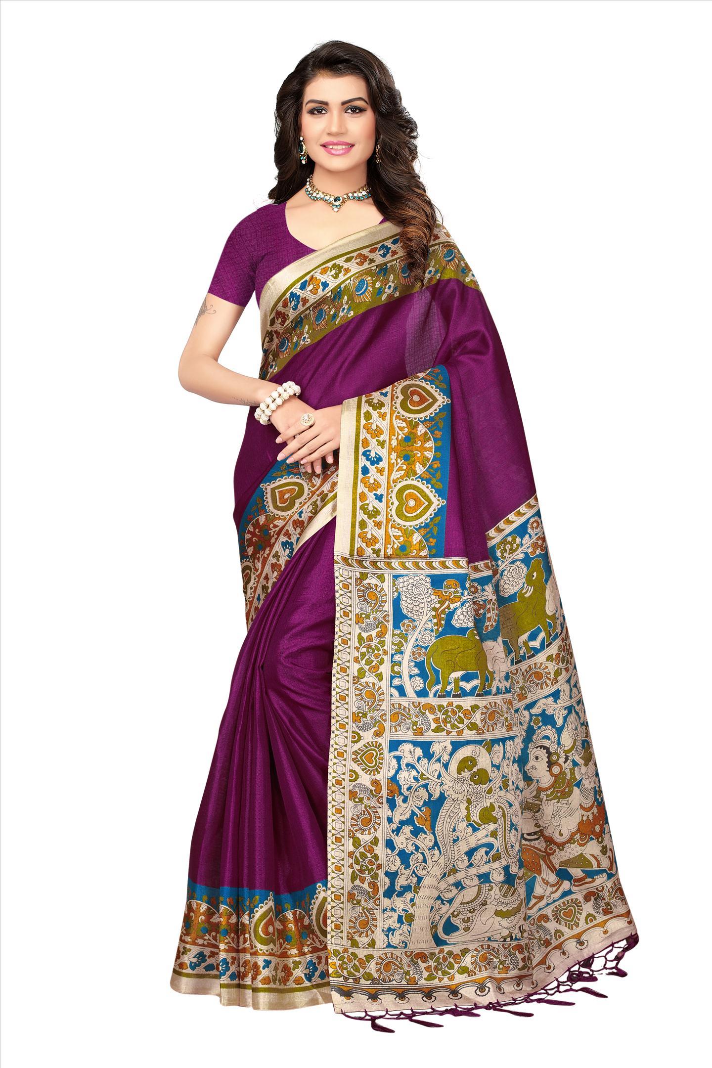 Fancy Print Silk Saree - Khadi Silk Fabric, Length 5.5 Mtr, Blouse Length 0.8 Mtr | Available In Black, Yellow, Red, Maroon With Printed Pattern