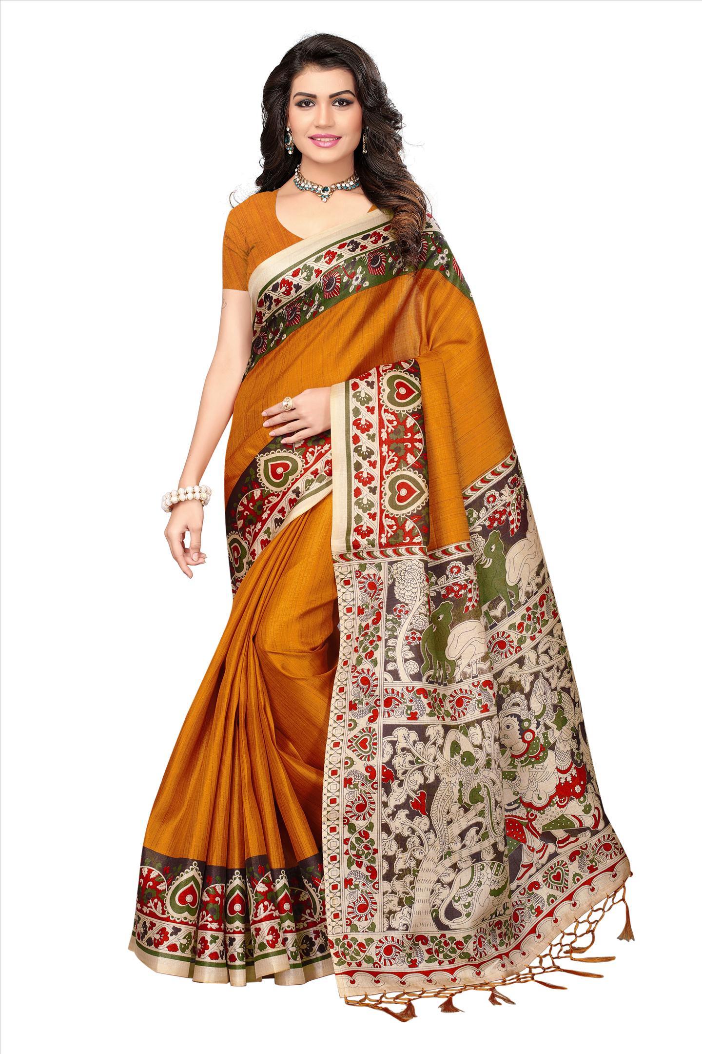 Fancy Print Silk Saree - Khadi Silk Fabric, Length 5.5 Mtr, Blouse Length 0.8 Mtr | Available In Black, Yellow, Red, Maroon With Printed Pattern