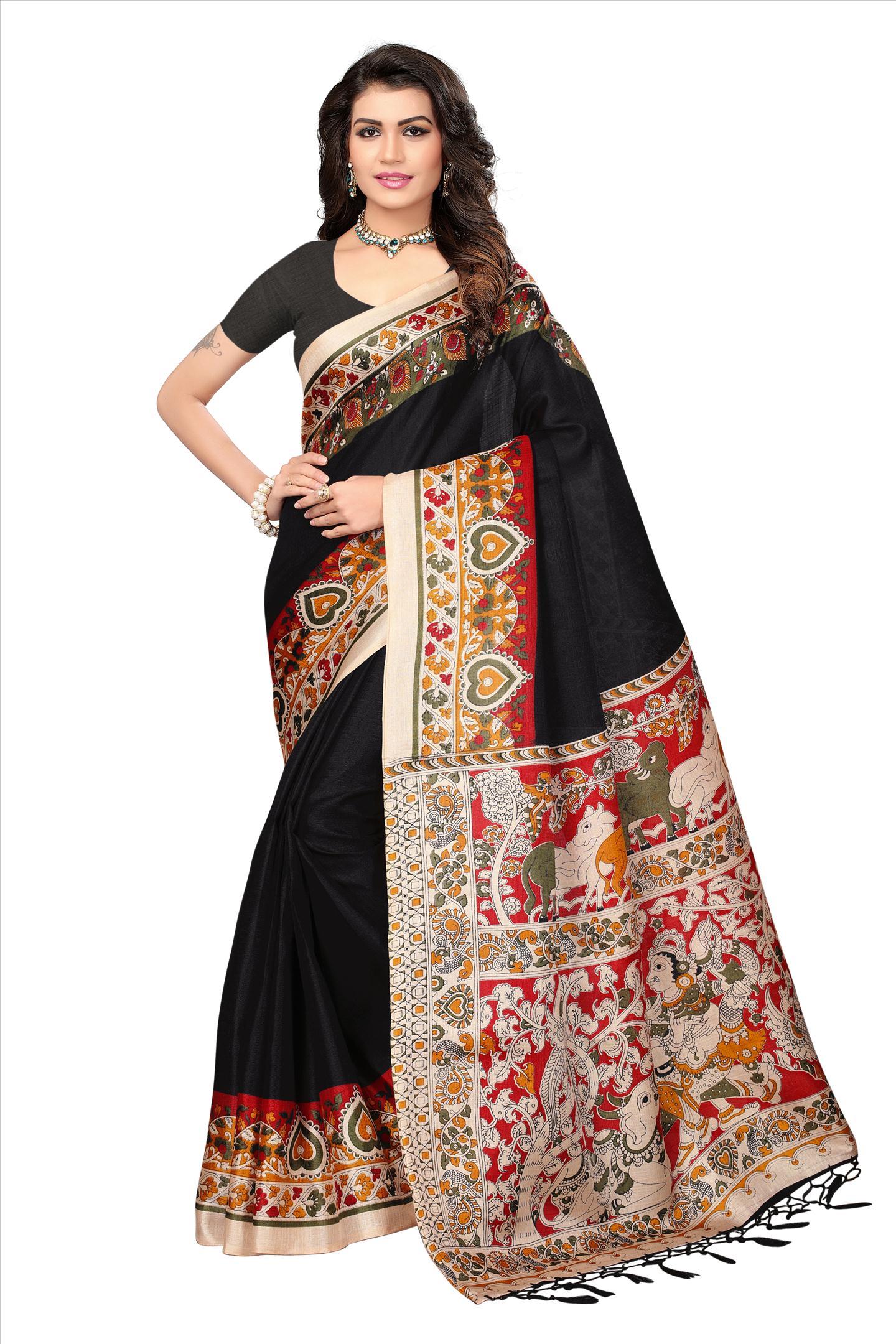 Khadi Silk Saree - 5.5 Mtr Length, 0.8 Mtr Blouse | Printed Pattern, Closure: Laces, Available In White, Yellow, Black, Green, Maroon