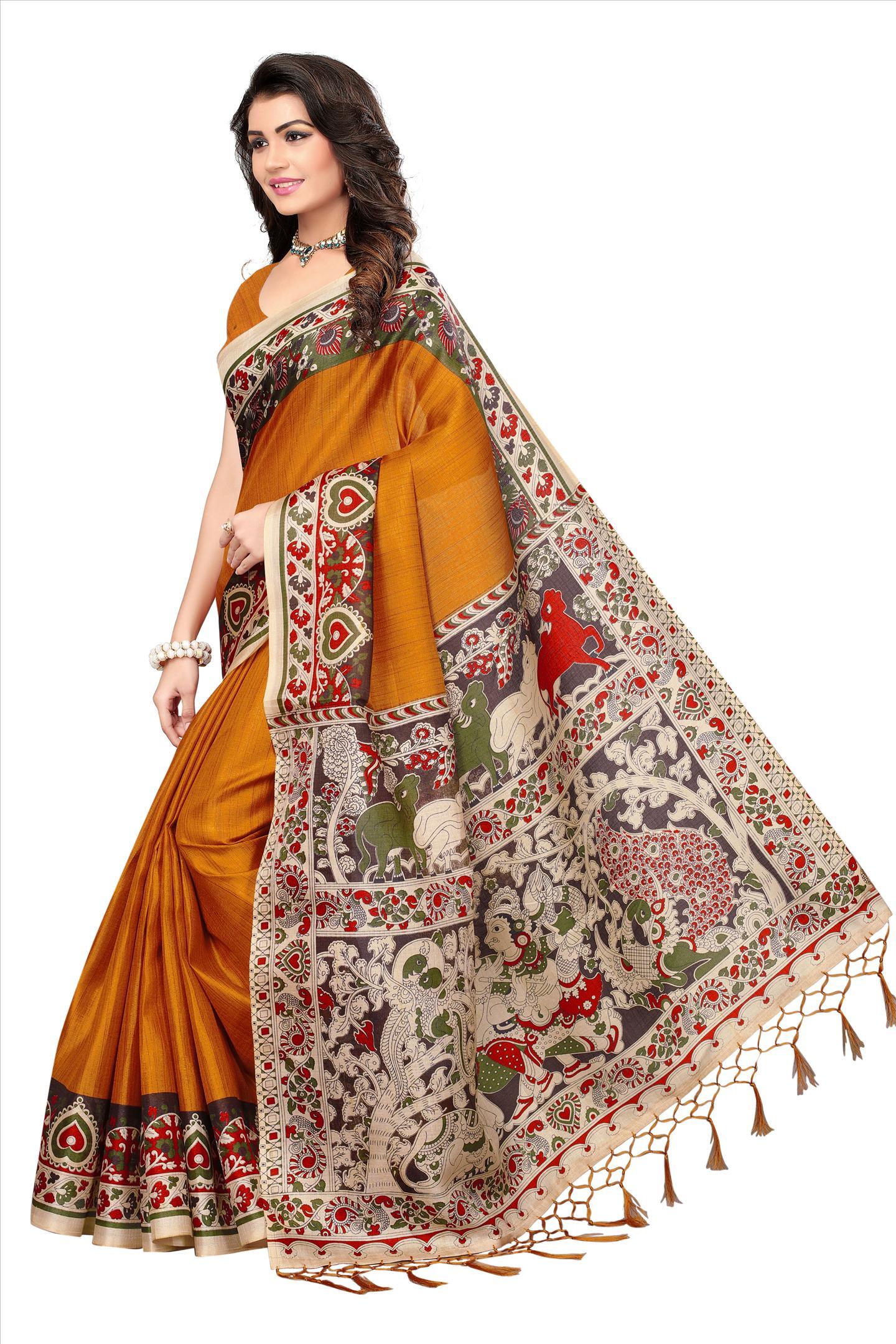 Khadi Silk Saree - 5.5 Mtr Length, 0.8 Mtr Blouse | Printed Pattern, Closure: Laces, Available In White, Yellow, Black, Green, Maroon