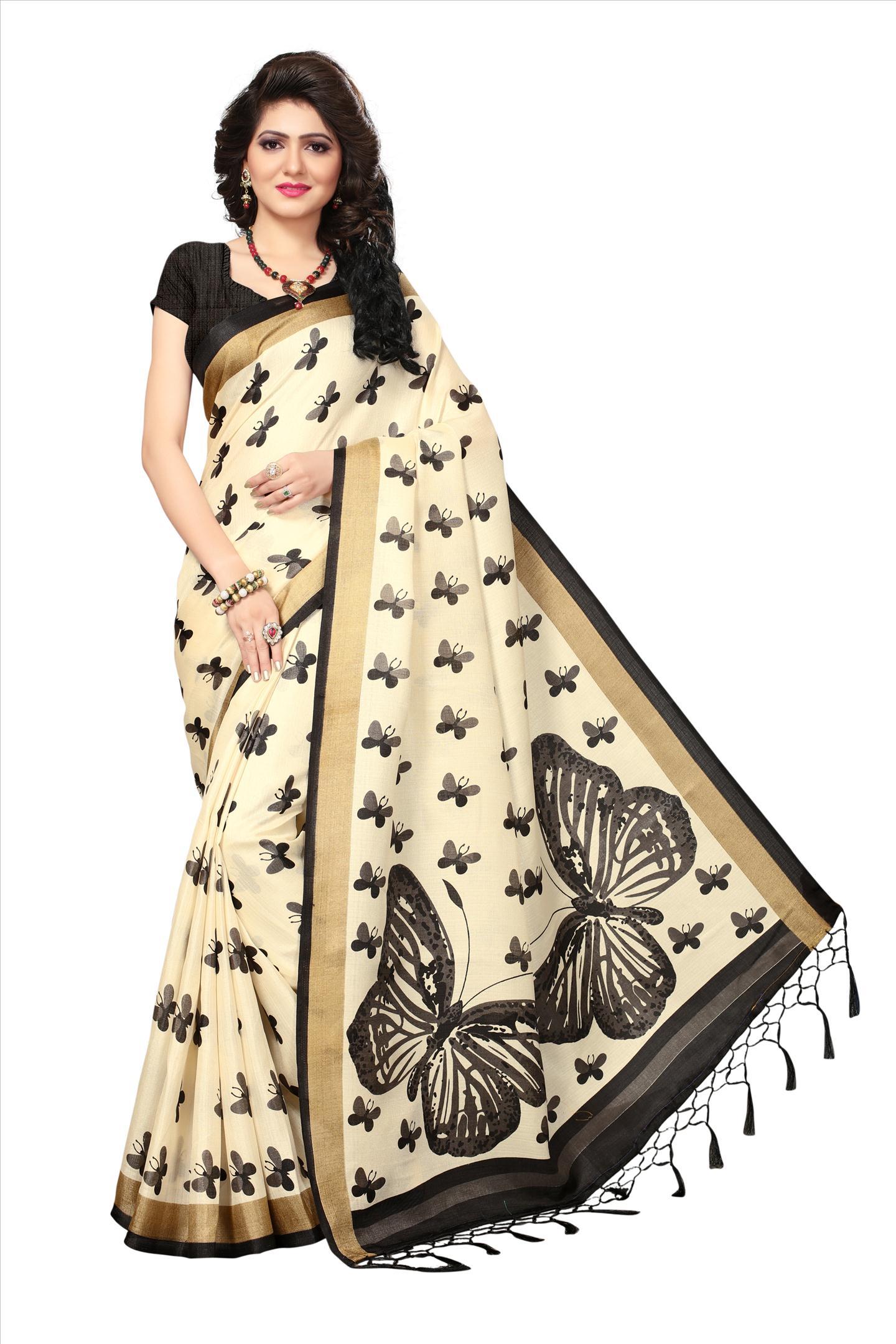 Khadi Silk Saree - 5.5 Mtr Length, 0.8 Mtr Blouse | Printed Pattern, Closure: Laces, Available In White, Yellow, Black, Green, Maroon
