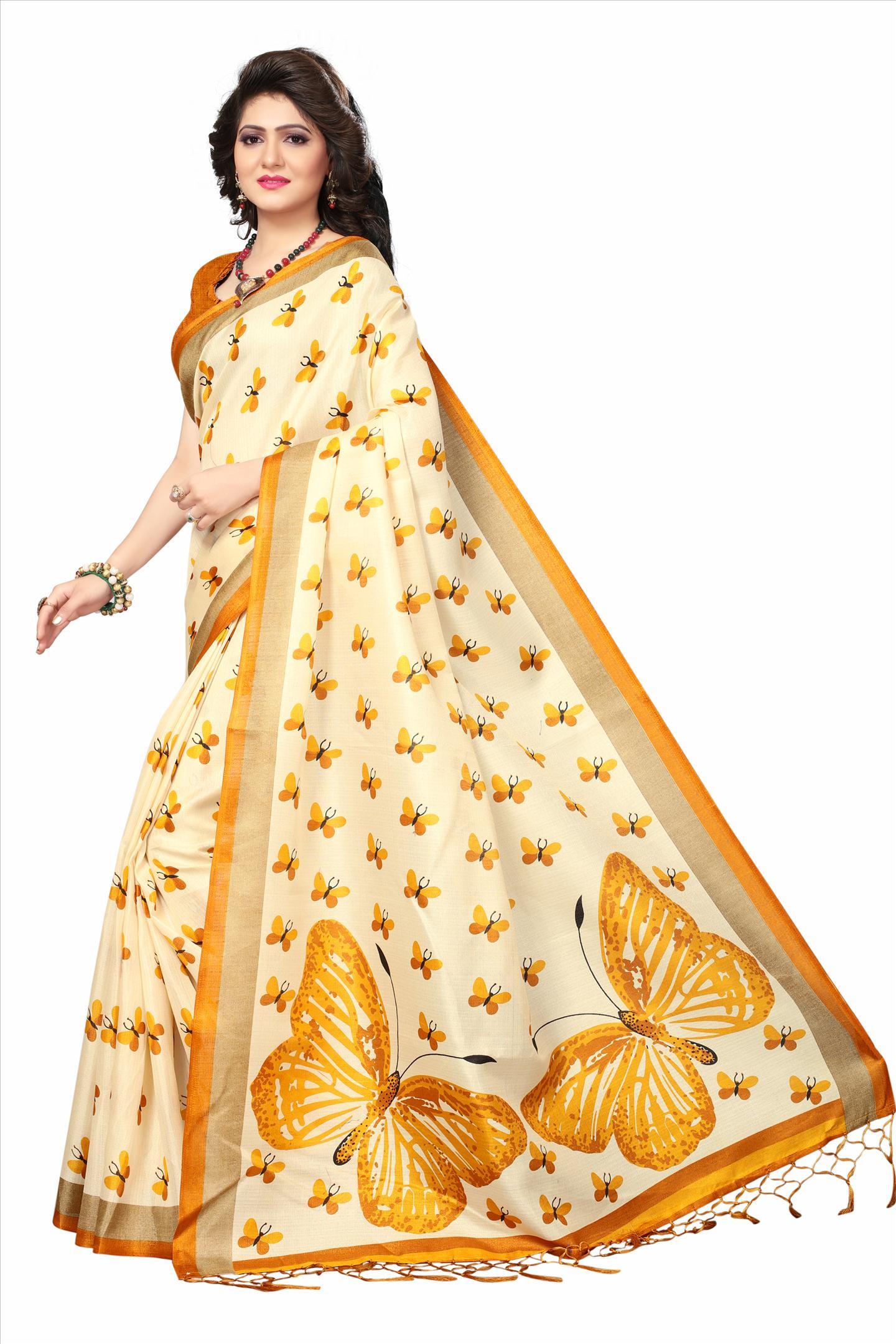 Khadi Silk Saree - 5.5 Mtr Length, 0.8 Mtr Blouse | Printed Pattern, Closure: Laces, Available In White, Yellow, Black, Green, Maroon