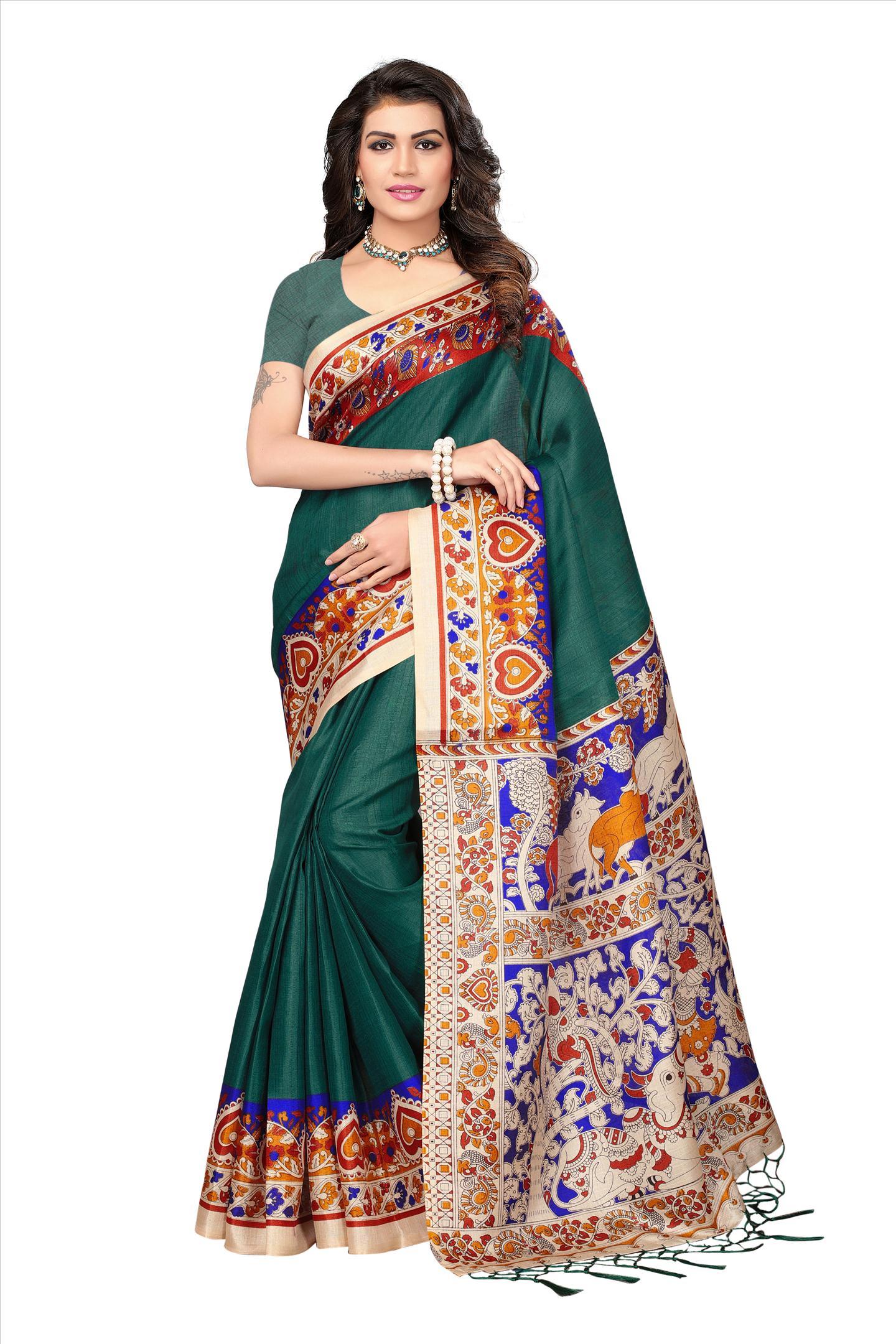 Khadi Silk Saree - 5.5 Mtr Length, 0.8 Mtr Blouse | Printed Pattern, Closure: Laces, Available In White, Yellow, Black, Green, Maroon