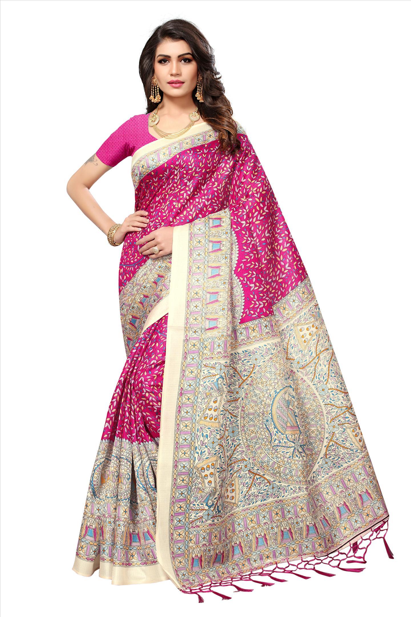 Print Saree With Jhalar - Cotton Silk Length: 5.5 Mtr Blouse: 0.8 Mtr | Colors: Orange Yellow Green Pink Blue Fabric: Khadi Silk Pattern: Printed