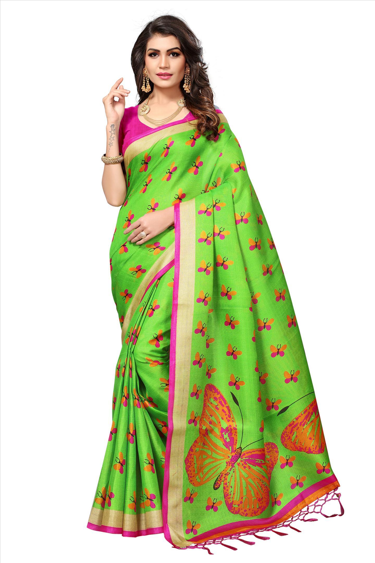 Print Saree With Jhalar - Cotton Silk Length: 5.5 Mtr Blouse: 0.8 Mtr | Colors: Orange Yellow Green Pink Blue Fabric: Khadi Silk Pattern: Printed