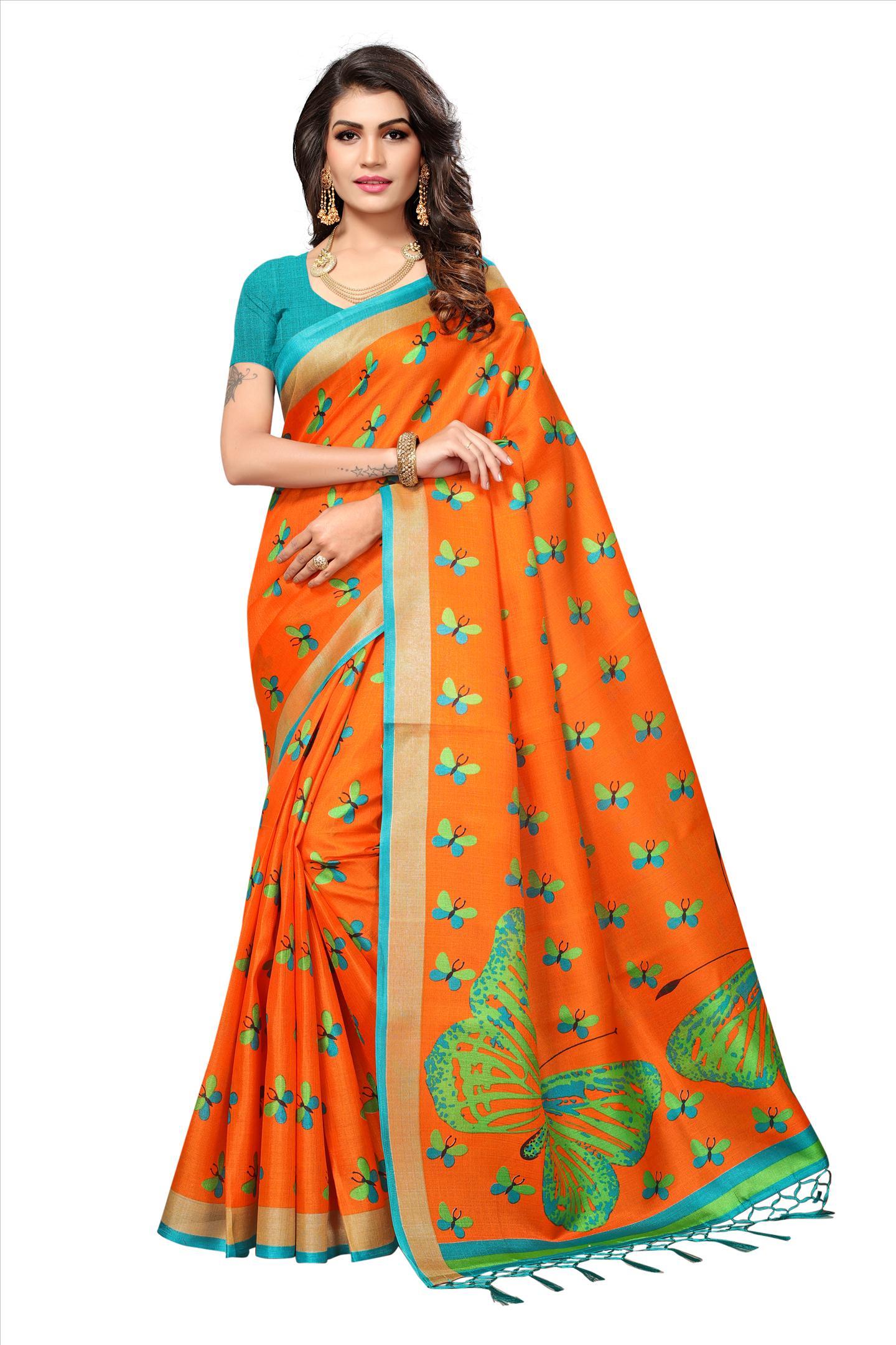 Print Saree With Jhalar - Cotton Silk Length: 5.5 Mtr Blouse: 0.8 Mtr | Colors: Orange Yellow Green Pink Blue Fabric: Khadi Silk Pattern: Printed