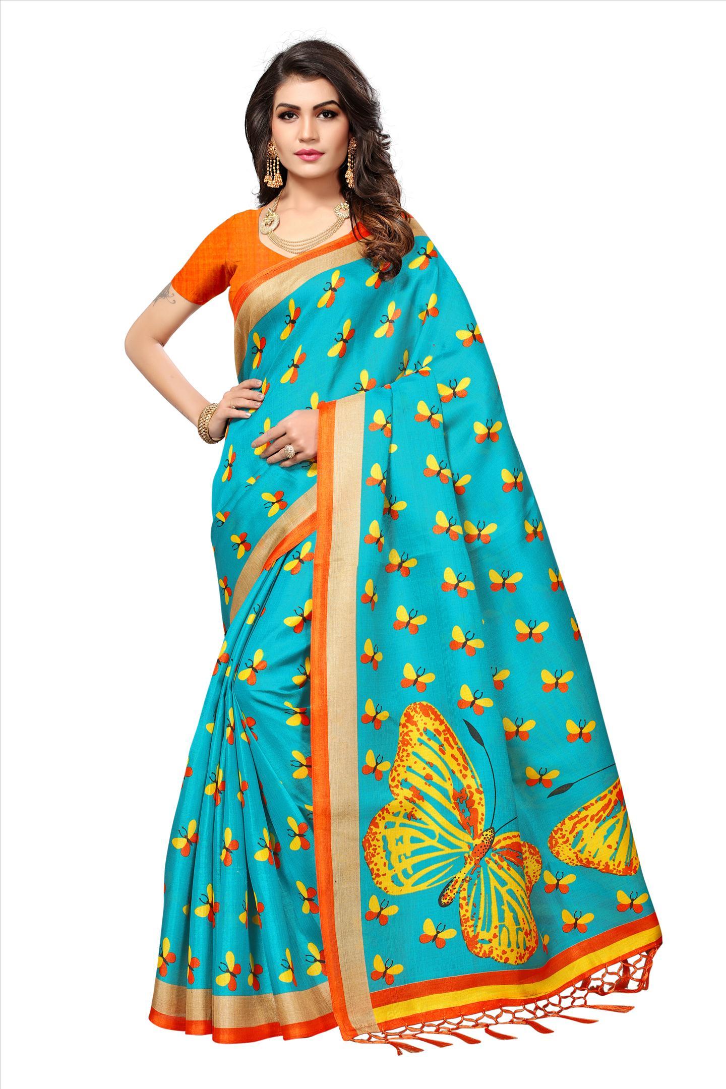 Print Saree With Jhalar - Cotton Silk Length: 5.5 Mtr Blouse: 0.8 Mtr | Colors: Orange Yellow Green Pink Blue Fabric: Khadi Silk Pattern: Printed
