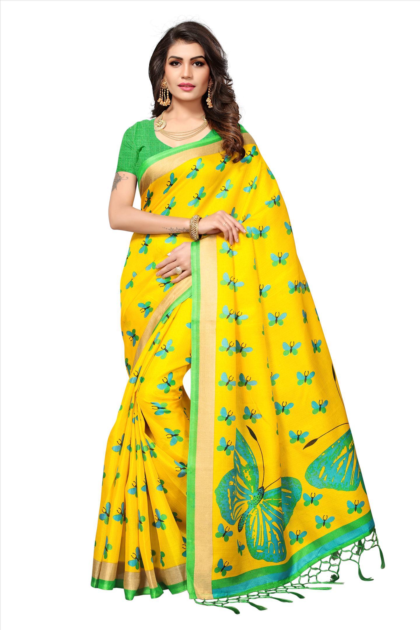 Print Saree With Jhalar - Cotton Silk Length: 5.5 Mtr Blouse: 0.8 Mtr | Colors: Orange Yellow Green Pink Blue Fabric: Khadi Silk Pattern: Printed
