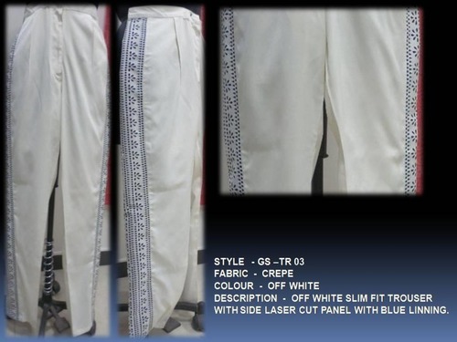 साइड लेजर कट पैनल के साथ ऑफ व्हाइट स्लिम फिट ट्राउजर