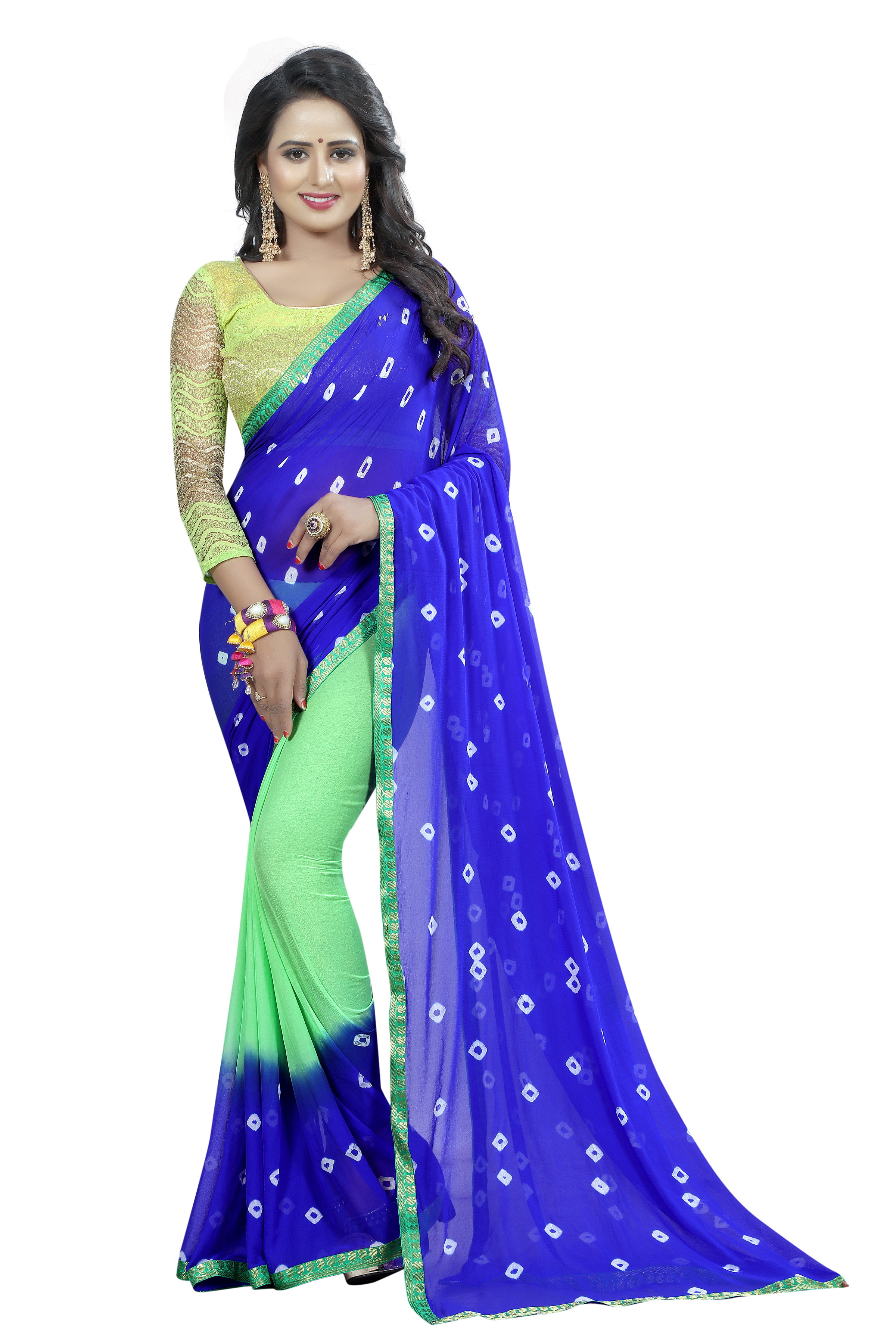 Chiffon Print Saree - Chiffon Fabric, Length: 5.5 Mtr, Blouse Length: 0.8 Mtr | Color Options: Yellow, Green, Blue, Red, Pink, Pattern: Printed