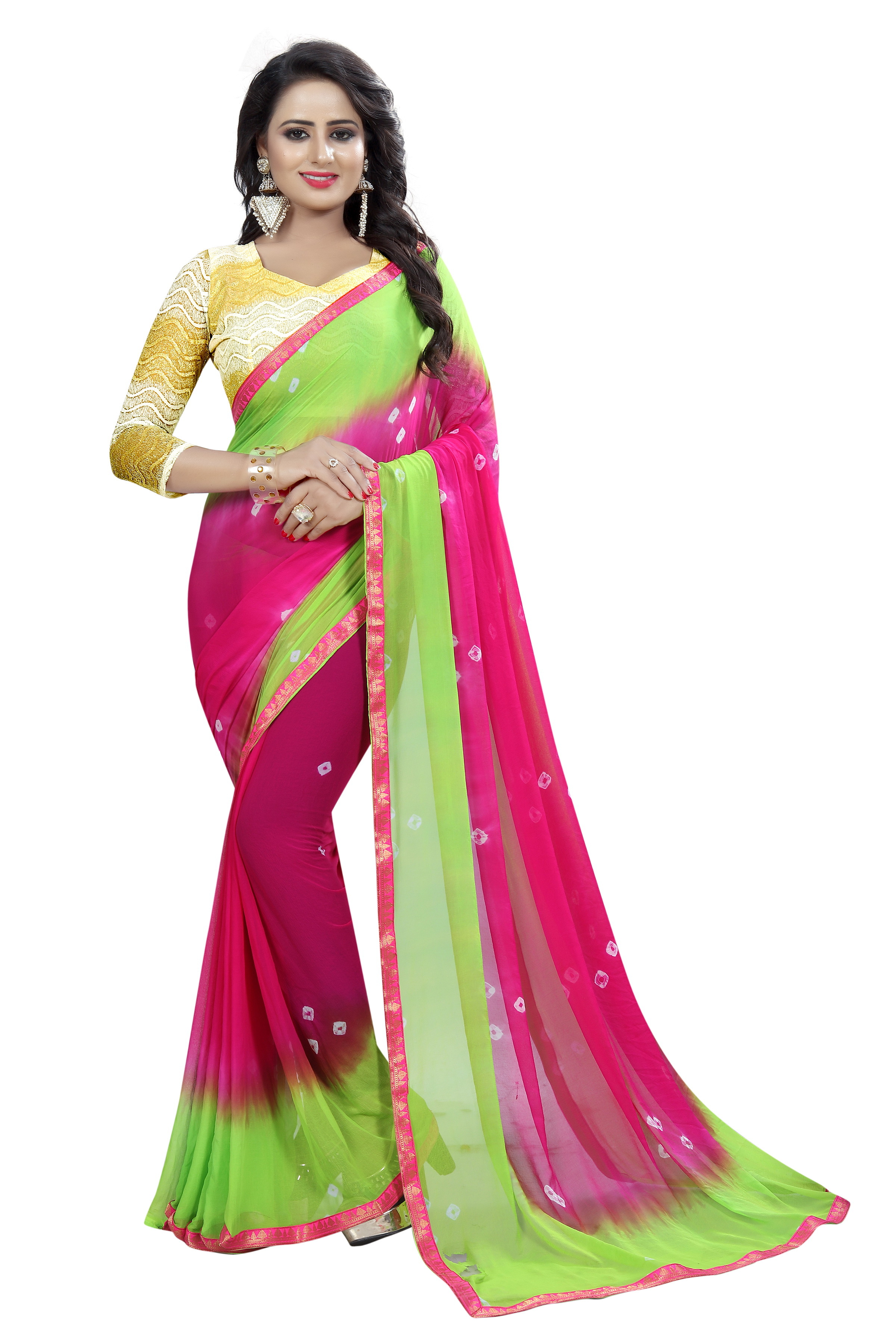 Chiffon Print Saree - 5.5 Mtr Length, 0.8 Mtr Blouse | Art Silk Material, Printed Pattern, Color Variants: Yellow, Green, Blue, Red, Pink