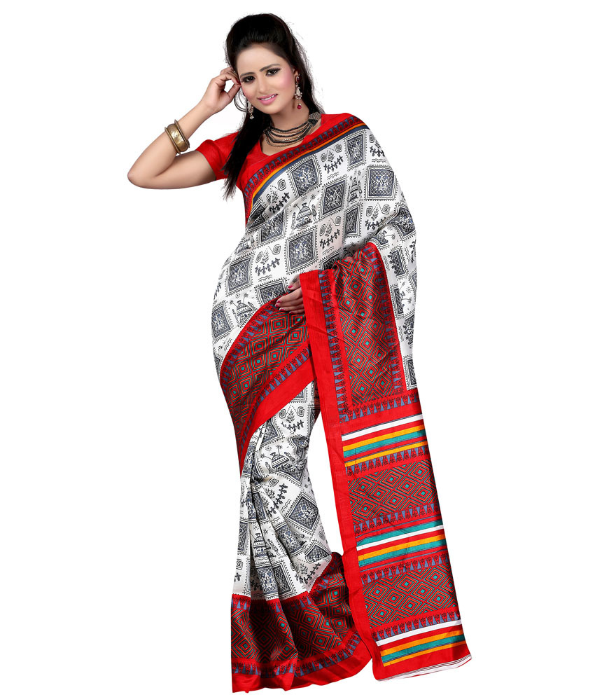 Mysore Art Silk Saree - Mysore Silk, 5.5 Mtr Length, 0.8 Mtr Blouse | Printed Pattern, Available In Black, Green, White, Yellow, Red