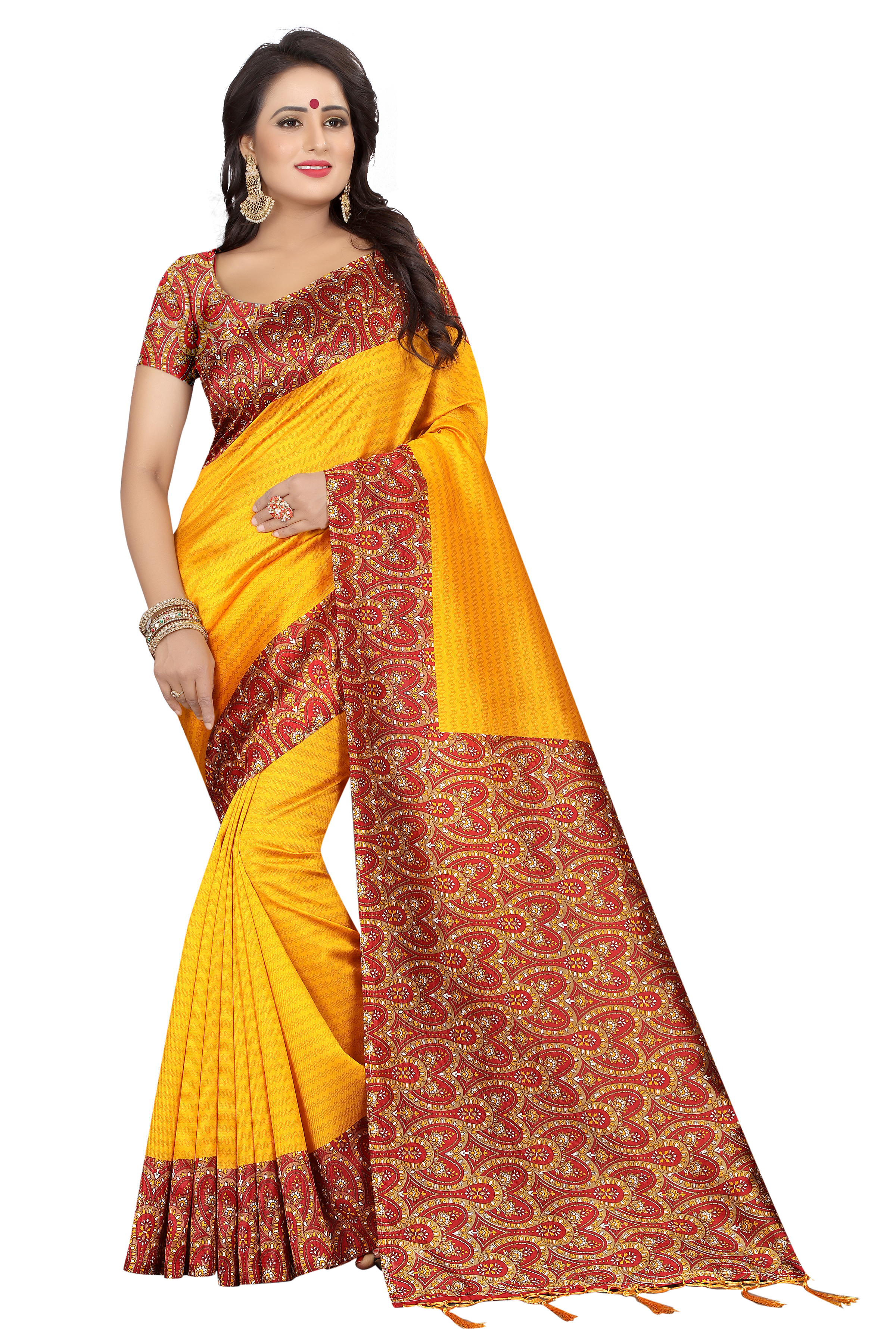 Mysore Art Silk Saree - Mysore Silk, 5.5 Mtr Length, 0.8 Mtr Blouse | Printed Pattern, Available In Black, Green, White, Yellow, Red