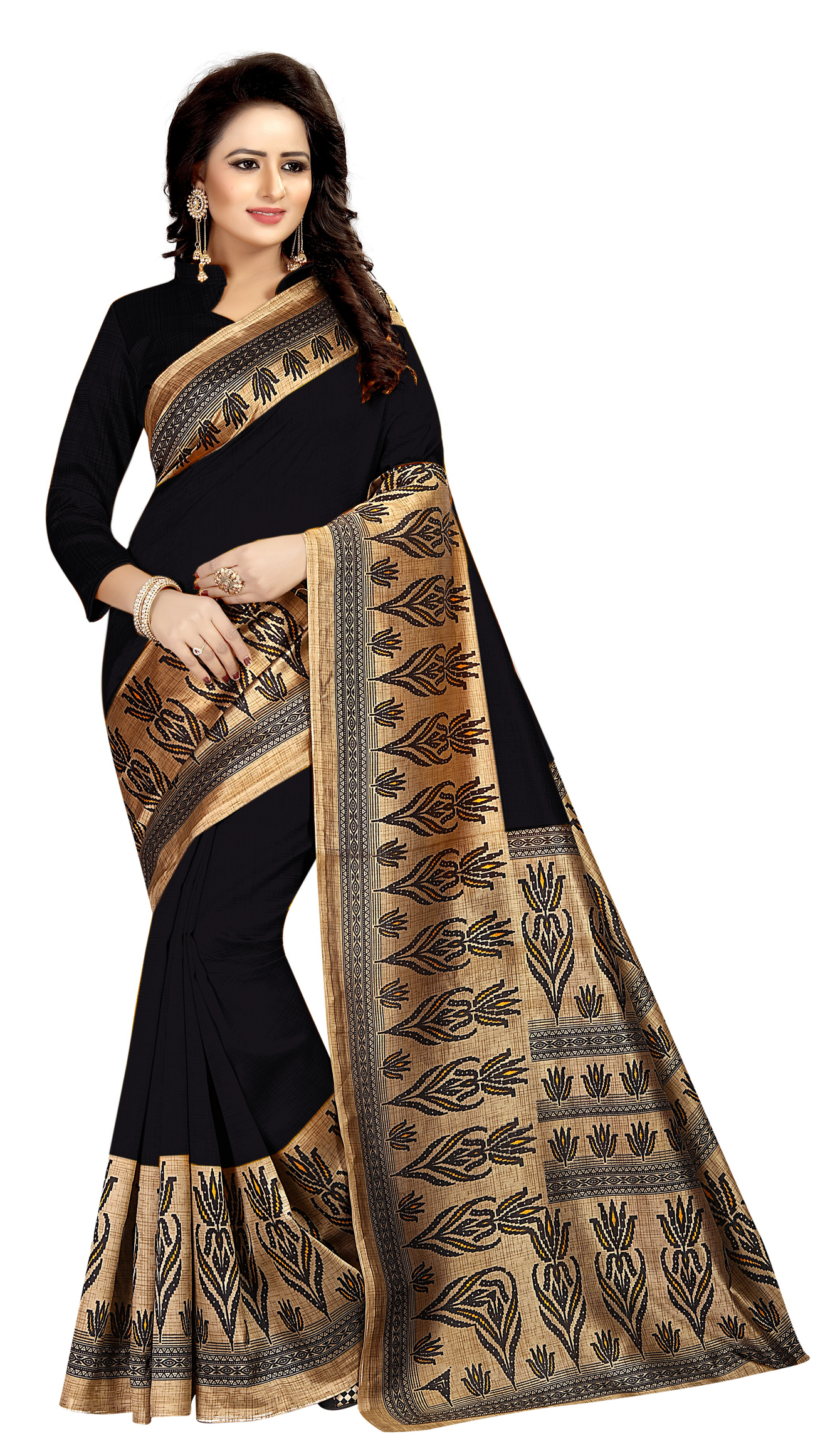 Mysore Art Silk Saree - Mysore Silk, 5.5 Mtr Length, 0.8 Mtr Blouse | Printed Pattern, Available In Black, Green, White, Yellow, Red