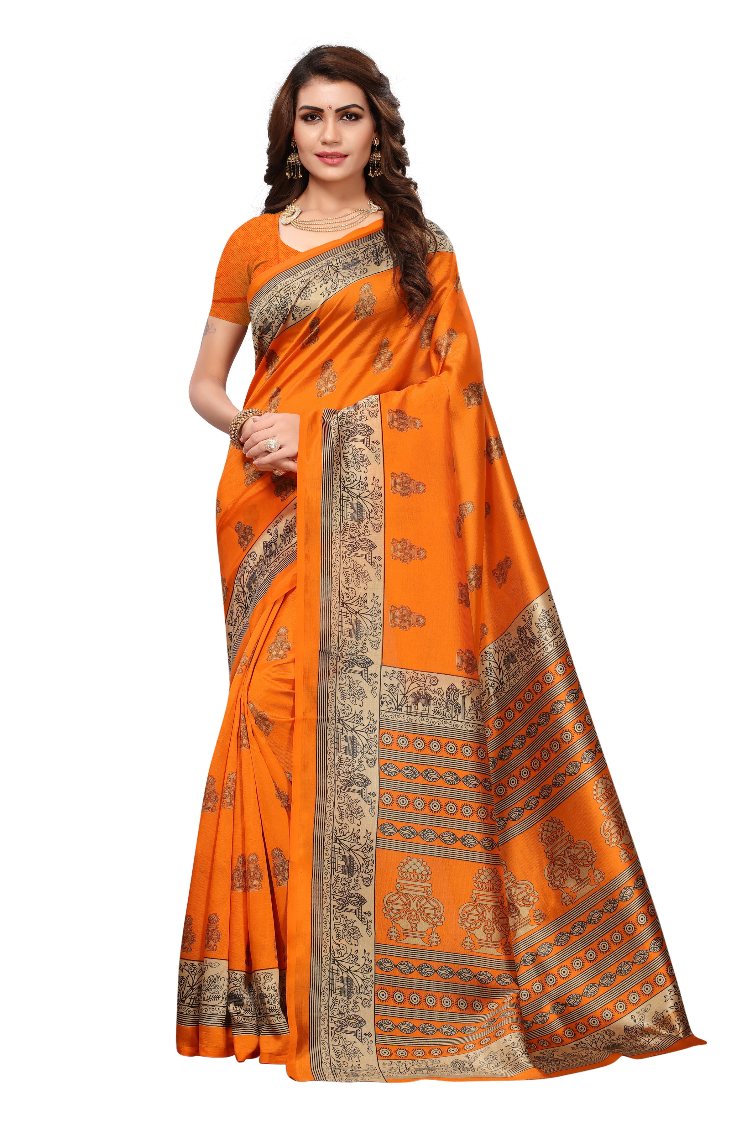 Mysore Print Saree - Art Silk, 5.5 Mtr Length, Multi-color Including Red, Yellow, Brown, Orange, Green | Printed Pattern, Other Style, No Closure Type