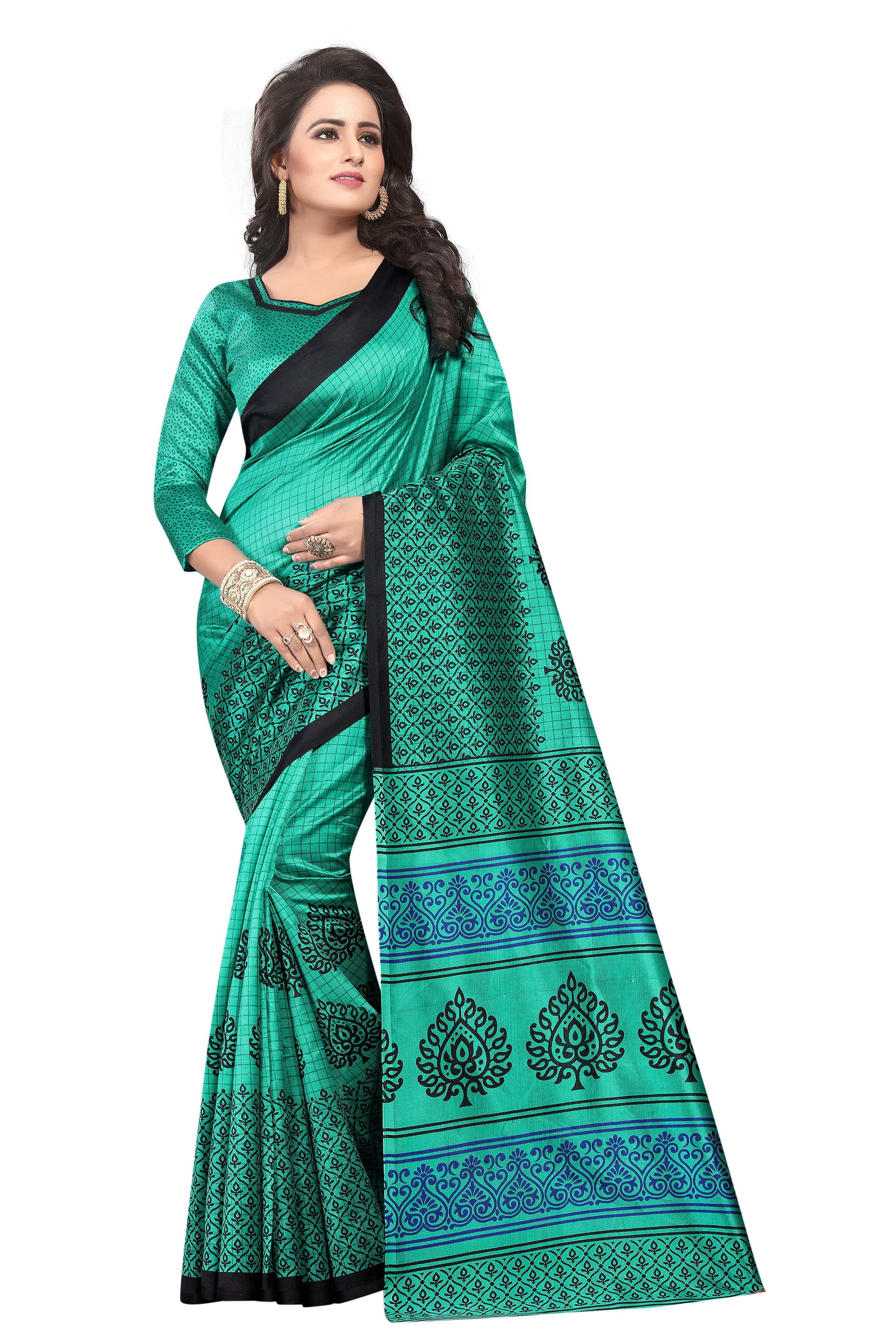 Mysore Silk Print Saree - Art Silk, 5.5 Mtr Length, 0.8 Mtr Blouse | Color: Yellow, Green, Blue, Red, Pink, Pattern: Printed